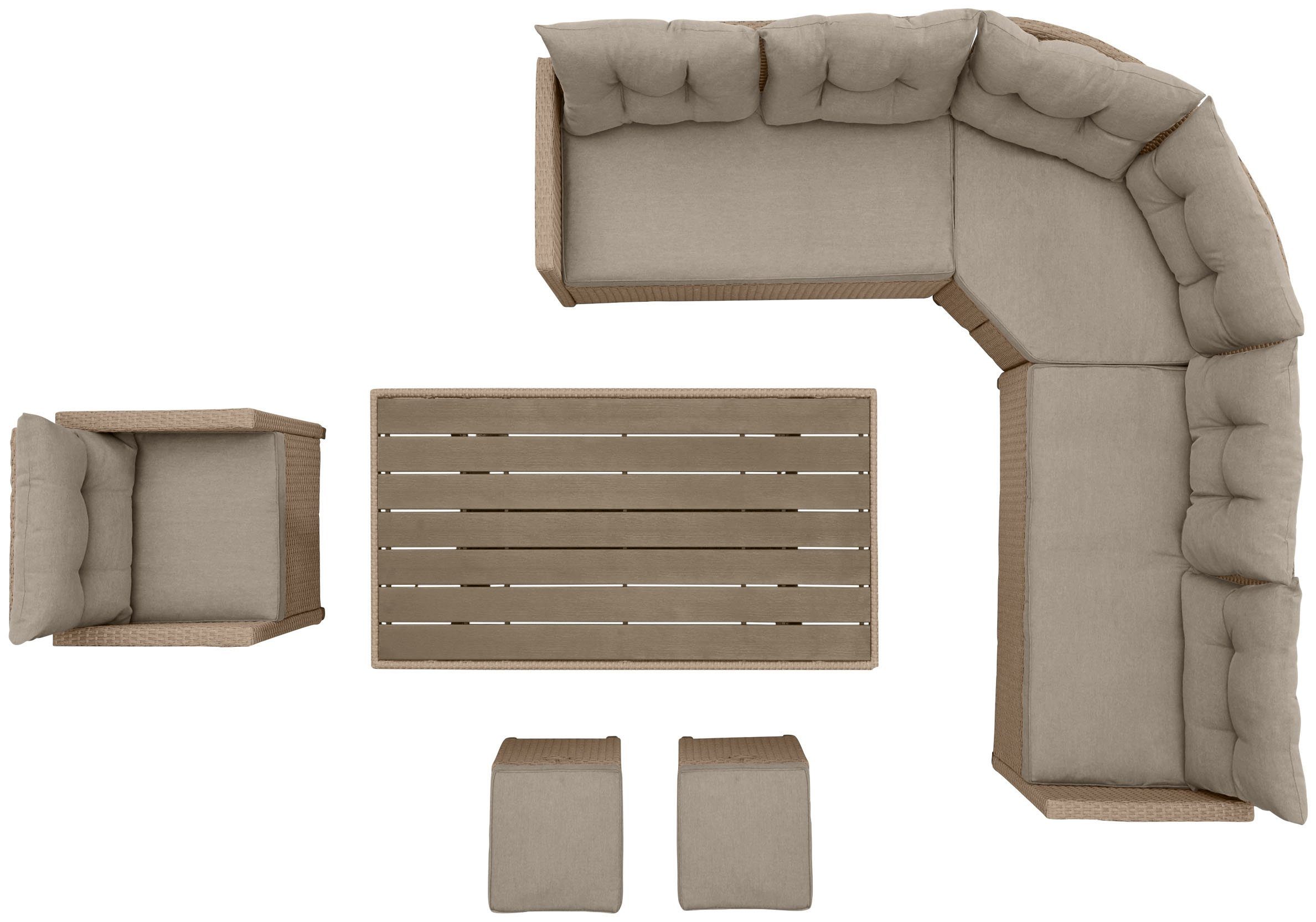 KONIFERA Gartenlounge-Set Keros grau Ecklounge, Sessel, Premium, beige | Tisch, (20-tlg), Polyrattan Hocker, 2