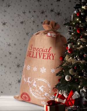 BRUBAKER Aufbewahrungstasche Weihnachtssack Special Delivery Weihnachtsmann mit Schlitten (Jutesack, 1-tlg., Weihnachten), Nikolaussack Jutebeutel Sack mit Kordel zum Verpacken von Geschenken