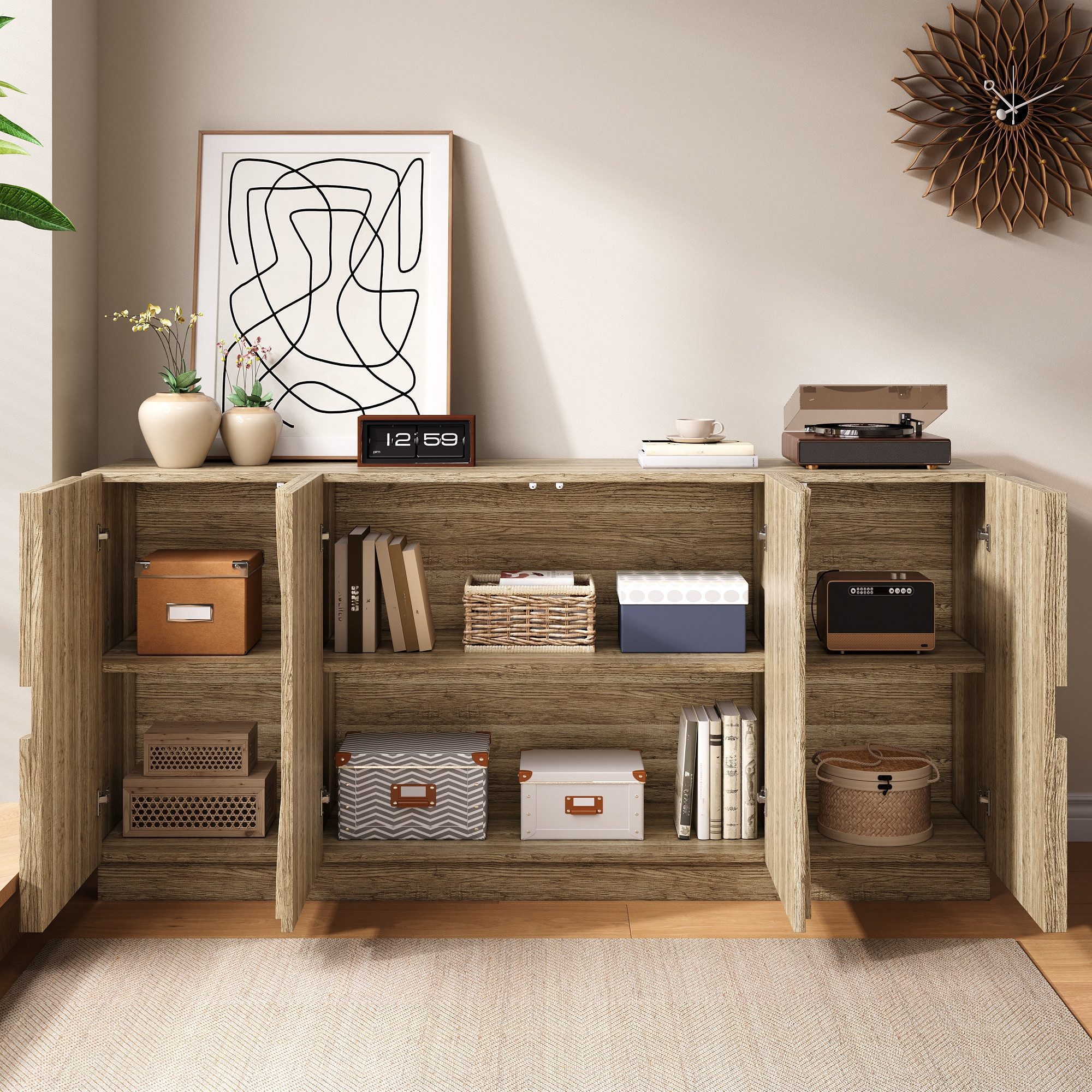 Merax Sideboard mit 4 Türen und flexiblen Einlegeböden (1 St., Anrichte mit Rebounder), Aufbewahrungsschrank Kommode in natürlicher Holzmaserung, 160x40x80cm – Bild 2 von 5