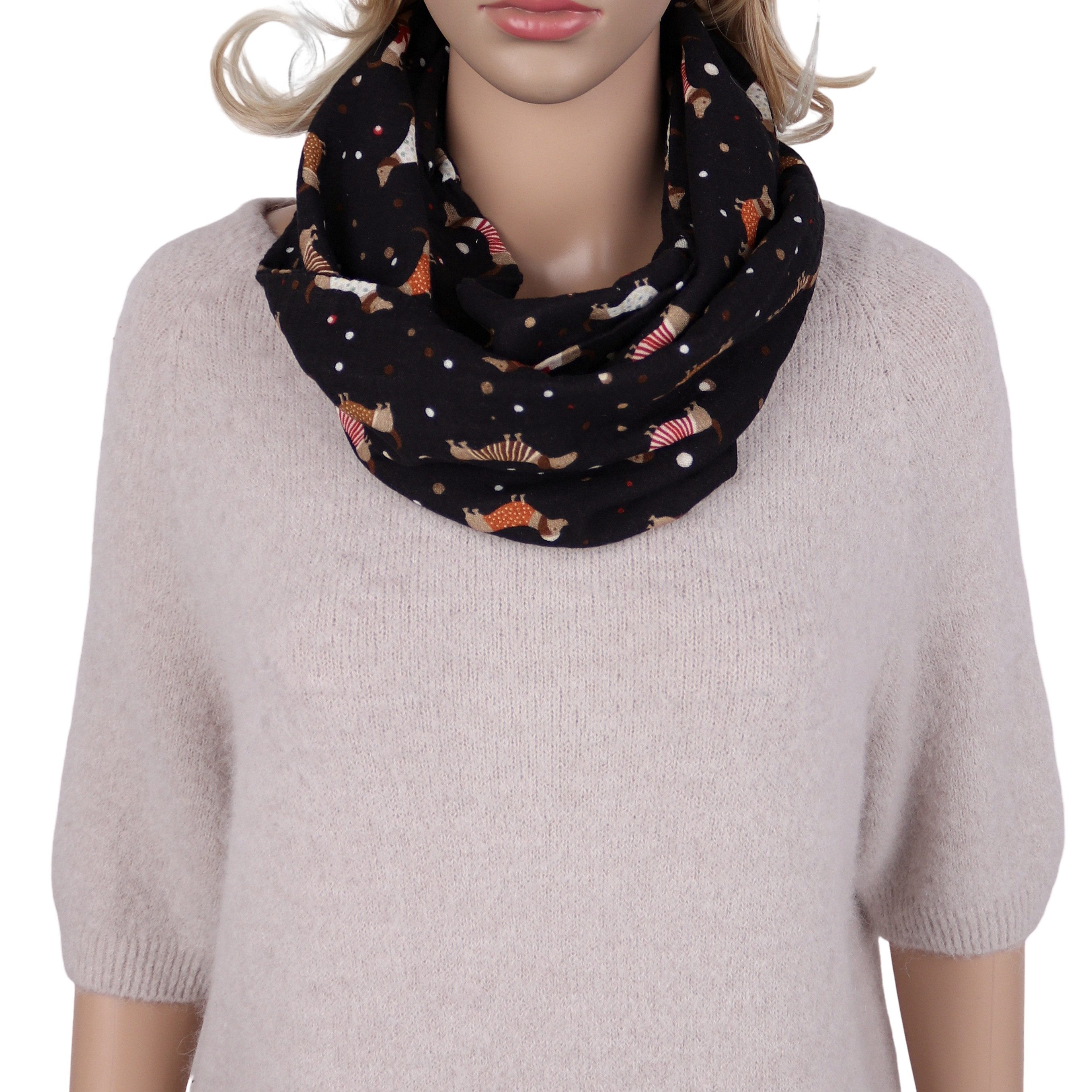 MIRROSI Loop Damen Schal aus Musellin, Made in Italy 70x20cm, Dackel, Schlauchschal, (Zweimal um den Hals wickelbar, ca.70x20cm), Damen Halstuch ideal für Frühling, Sommer oder Herbst