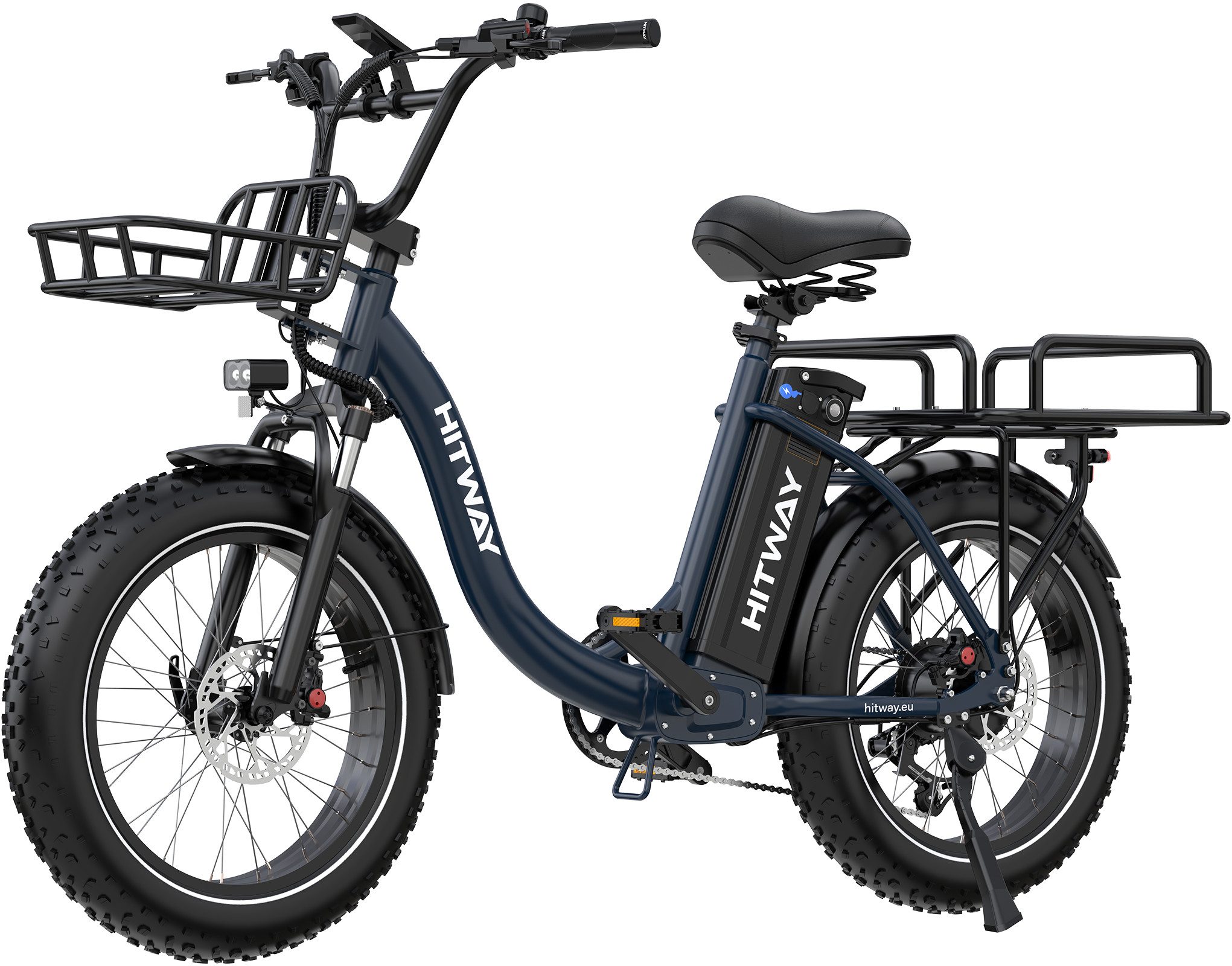 HITWAY E-Bike Cityrad 20*4,0 zoll Lasten-Elektrofahrrad mit 48V27Ah Akku, bis zu 160 km, 7 Gang shimano shimano Schaltwerk, Kettenschaltung, Heckmotor, 1296 Wh, E-BIKE mit 2 Körben, NFC,APP, StVZO