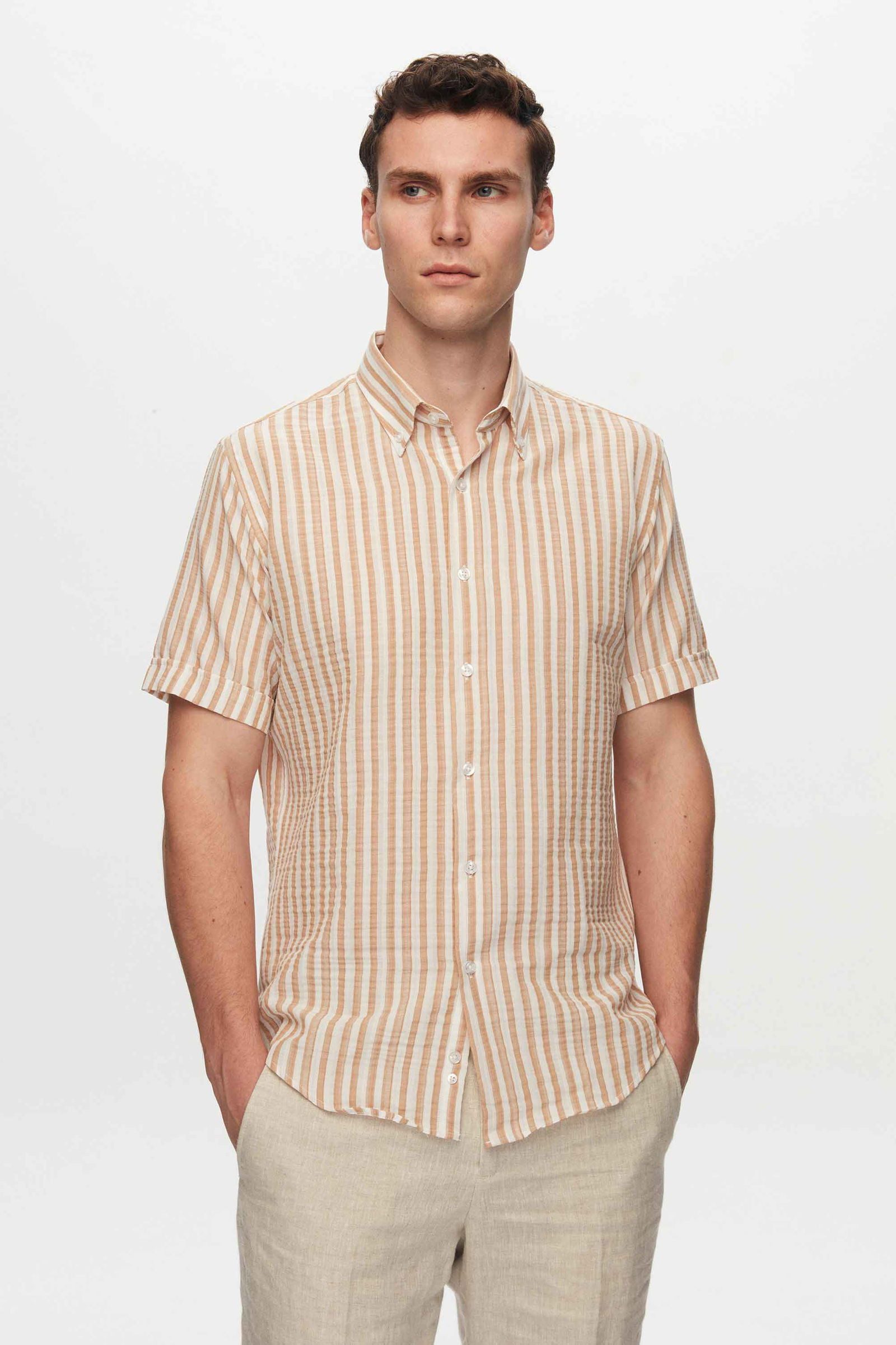 Businesshemd Ds Damat Slim Fit Seersucker gestreiftes kurzärmliges Sommerhemd