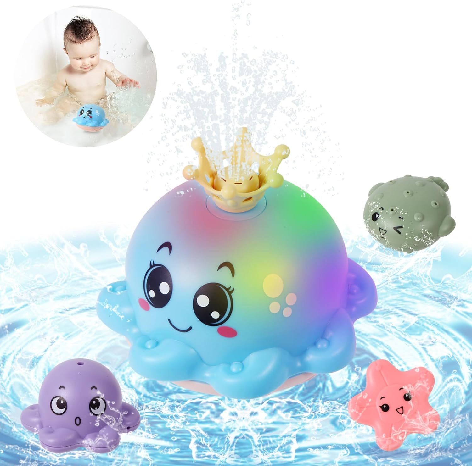 Daskoo Badespielzeug Badewannenspielzeug Baby Badespielzeug Wasserspielzeug, LED Oktopus Induction Automatischer Wasserstrahl ab 1 2 3 Jahre baby