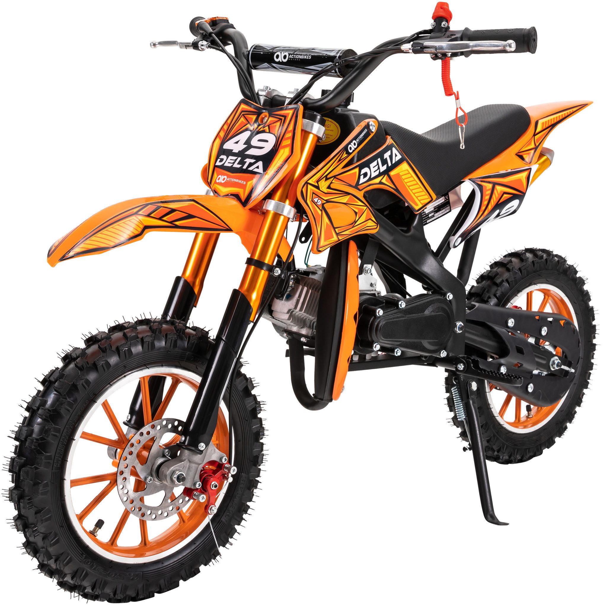 Actionbikes Motors Motorrad 49 ccm Delta Mini Crossbike, Benzin-Motorrad, 40 km/h, Scheibenbremsen, 49 ccm, 50 km/h, Euro 0, (Crossbike, Crossbike, Poketbike, mini Motorrad, Motorrad für Kinder), Not-Aus-Leine; einstellbarer Stoßdämpfer; Automatikgetriebe