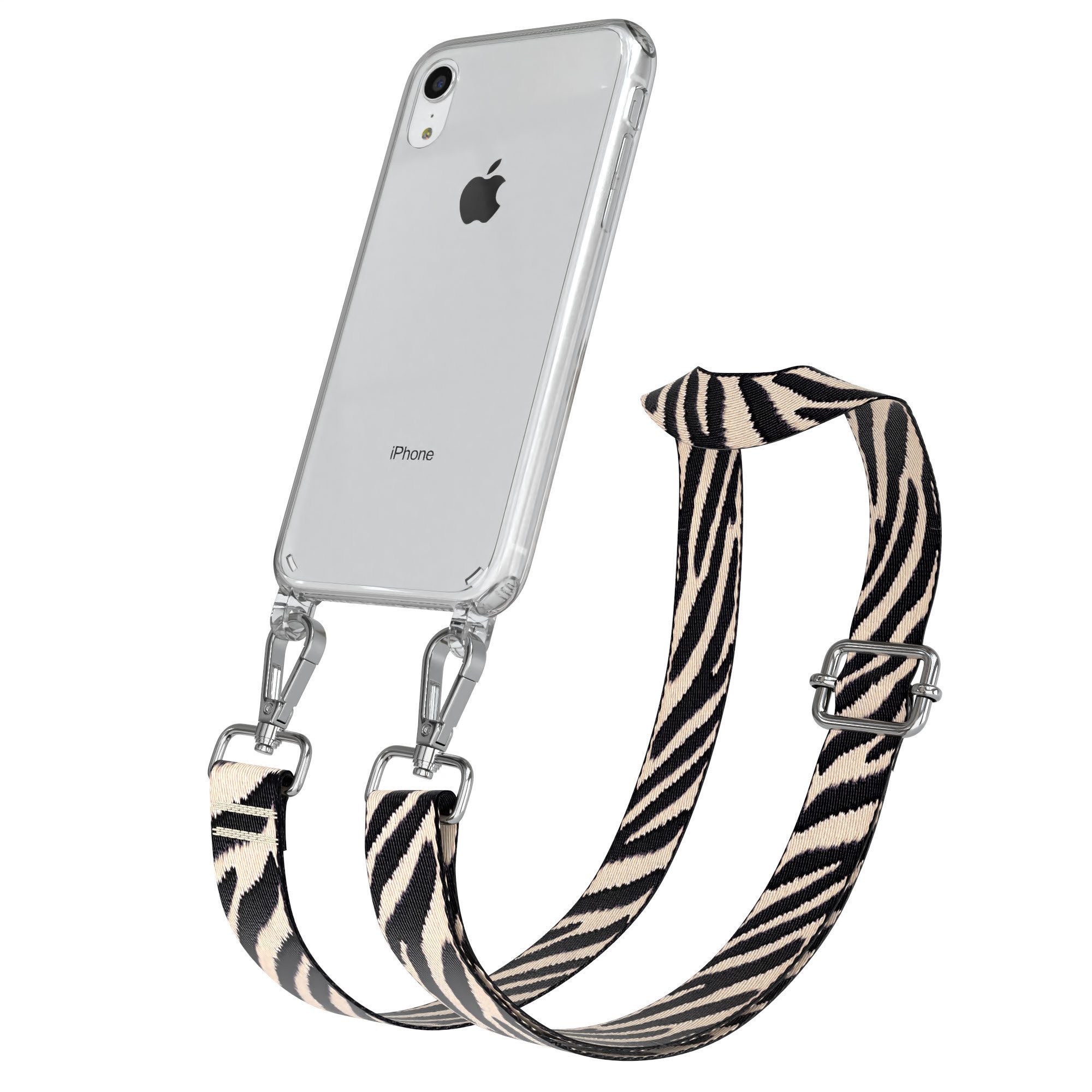 EAZY CASE Handykette Boho Umhängeband für Apple iPhone XR 6,1 Zoll, Verstellbarer Zebra Trageriemen Case transparent Kette Schwarz Beige