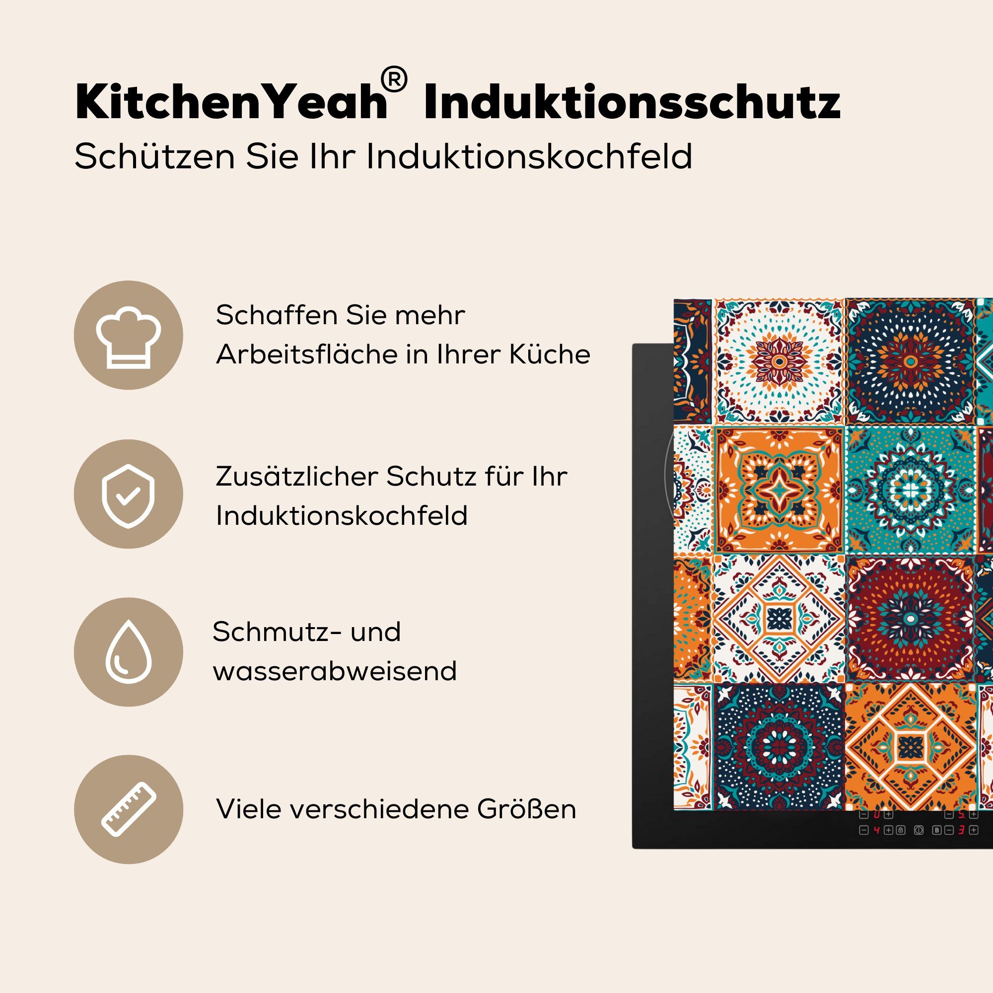 MuchoWow tlg), Induktionskochfeld (1 küche, Blatt 71x52 Design cm, die - Braun, - für Orange Vinyl, Herdblende-/Abdeckplatte Schutz Retro Ceranfeldabdeckung - -