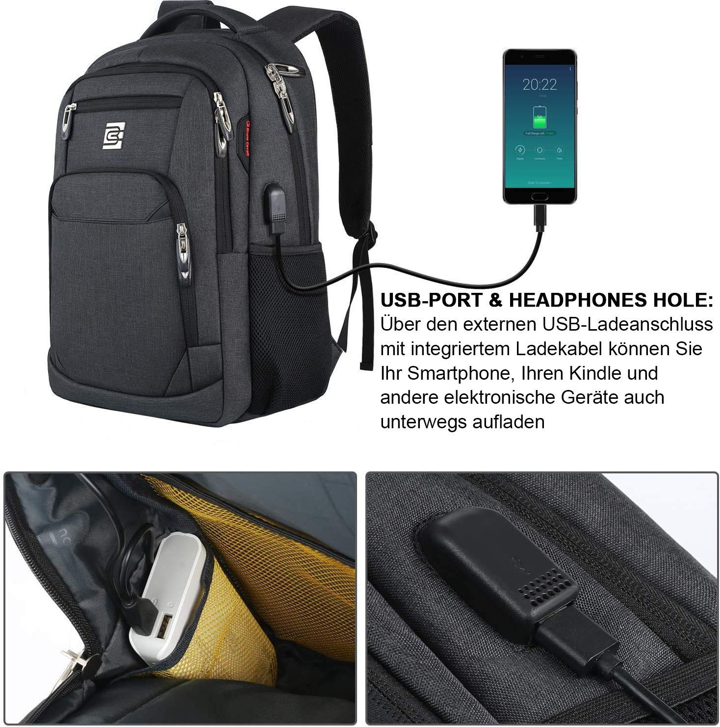 MODFU Laptoprucksack Laptop Rucksack Rucksäcke Schulrucksack Laptoptasche Wasserbeständig (Laptop Notebook Tasche Schule Uni Rucksack Freizeitrucksack, Anti-Diebstahl, Backpack mit Laptopfach, Sportrucksack, mit USB-Anschluss), Herren Damen Jungen Teenager Freizeit Arbeit Business Reisen