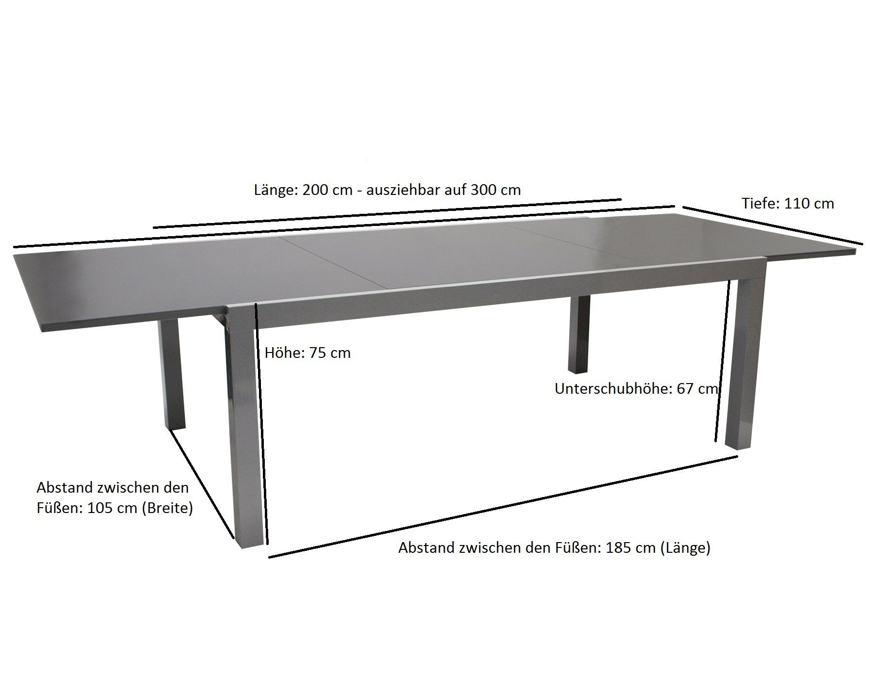 DEGAMO Gartentisch MARINA XXL (1-St), 200x110cm, ausziehbar auf 300cm, Aluminium grau, Glas dunkelgrau
