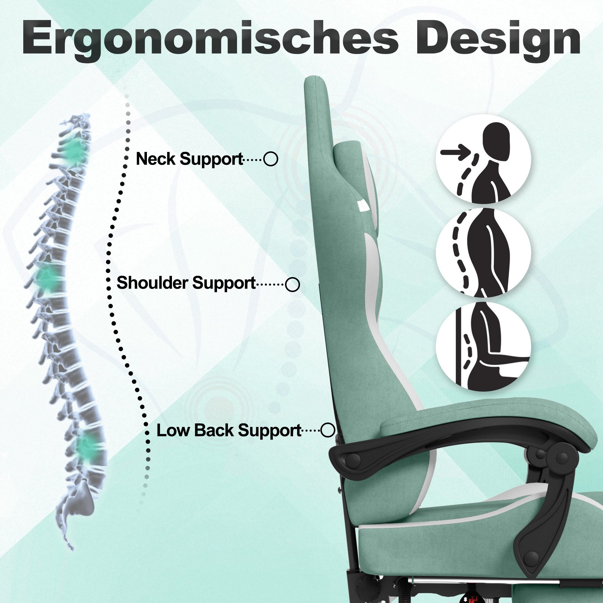 FIVMEN Gaming-Stuhl Racing Ergonomischer Computer-Bürostuhl mit Massage-Lendenkissen, Ausziehbarer Fußstütze Lordosenstütze Kopfstütze, höhenverstellbarer