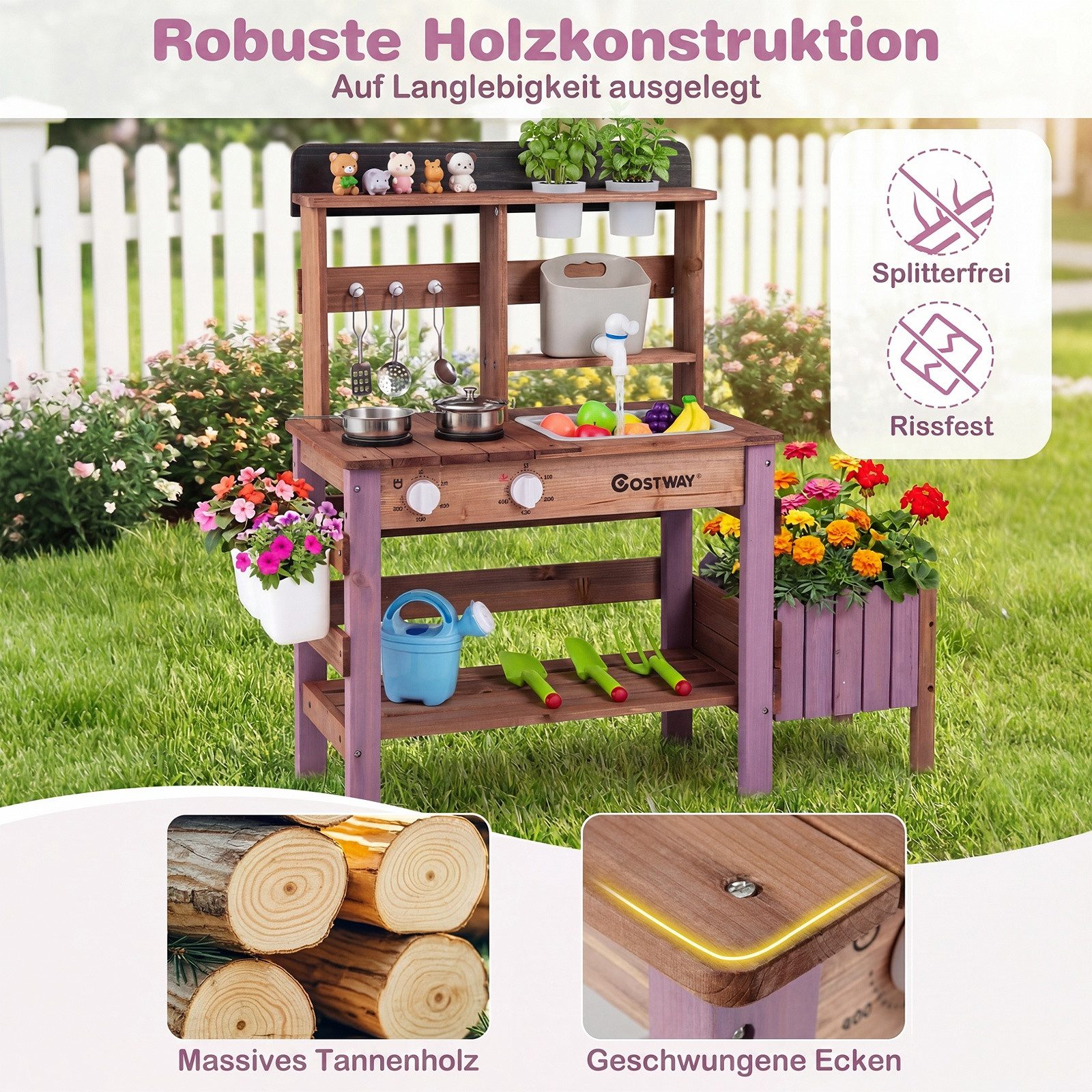 COSTWAY Outdoor-Spielküche Tannenholz, Mit Wasserhahn, Spülbecken, Pflanzkasten & Blumentopf