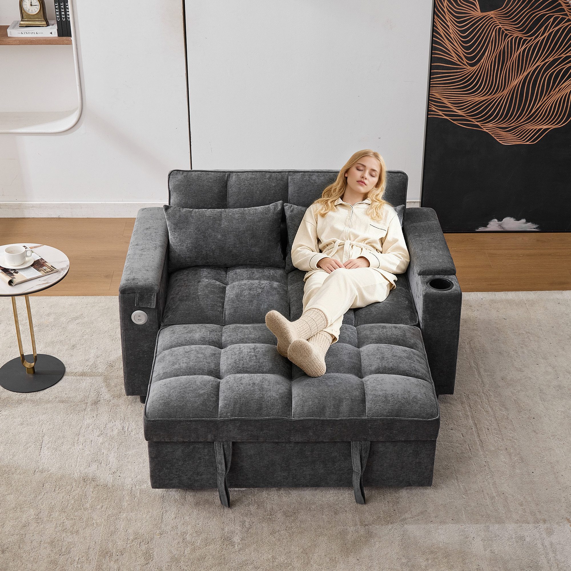 STILVORA Schlafsofa mit USB&Rückenlehne,Relaxsessel Ausziehsofa mit Getränkehalter&Tisch, Sofabett, Gästebett 1 Teile, mit verstellbarer Rückenlehne, USB-Anschluss