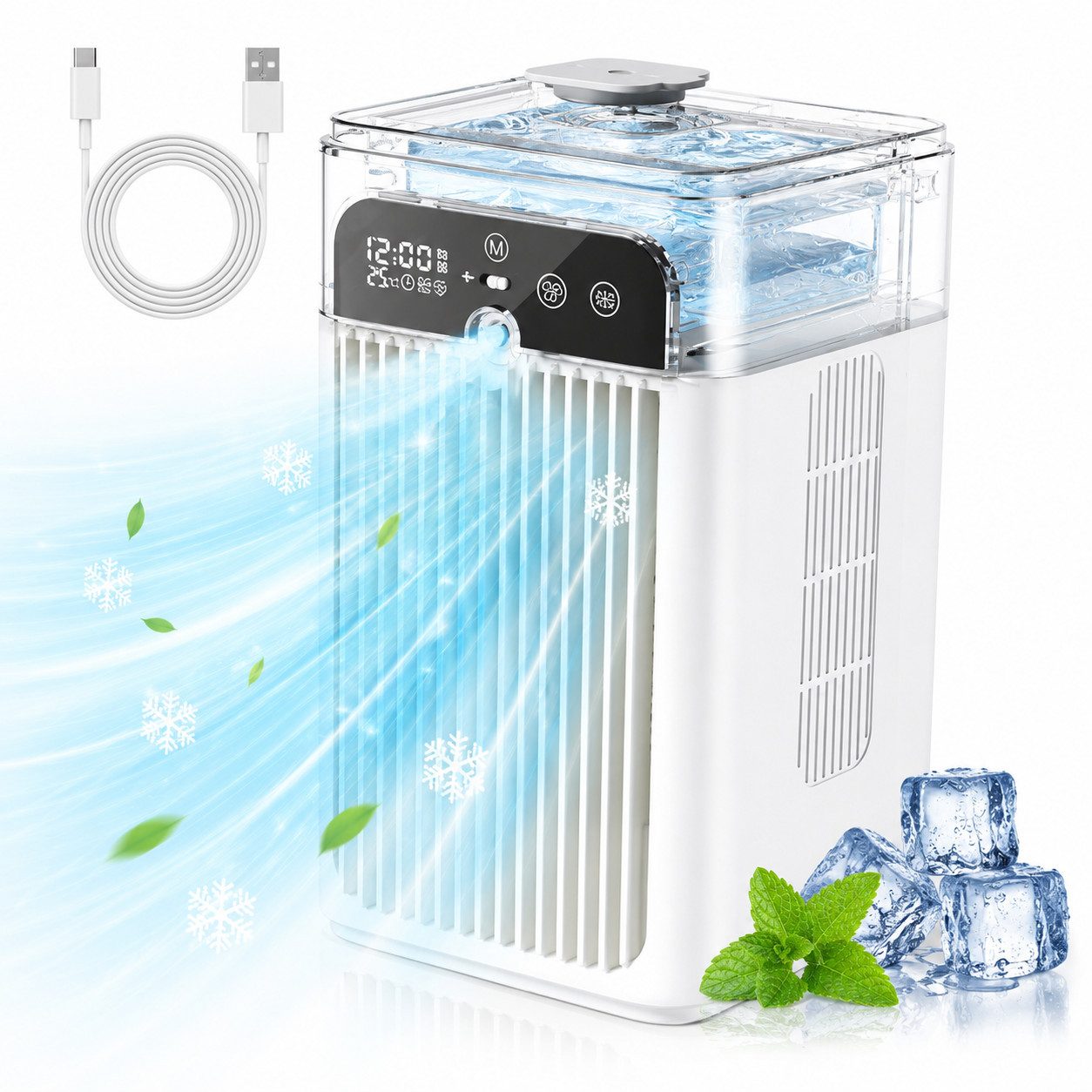MOPUEA Ventilatorkombigerät Tragbarer Luftkühler, 2 Modi, 500 ml Wassertank, Wassersprühnebel, mit Timer und Digitalanzeige, Typ-C-Aufladung, für Camping, Zuhause