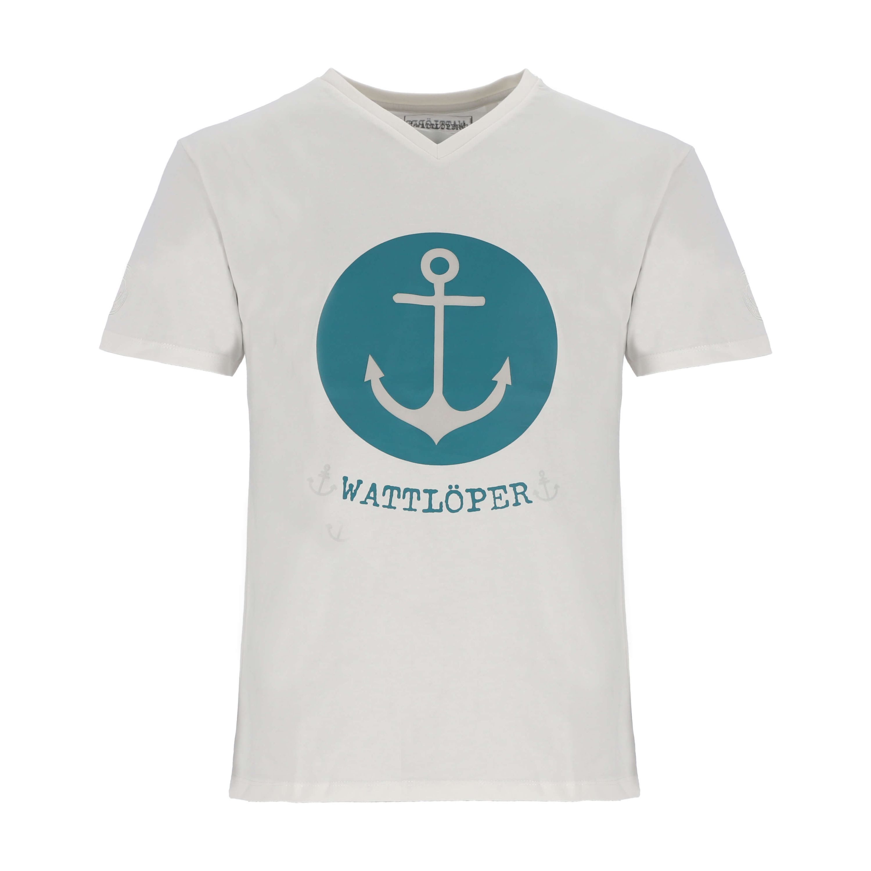 Wattlöper T-Shirt 11371 Herren Kurzarm-Shirt Anker-Prägedruck Kreis-Print & Schriftzug Sommershirt & Freizeitshirt mit V-Ausschnitt - hochwertige Details