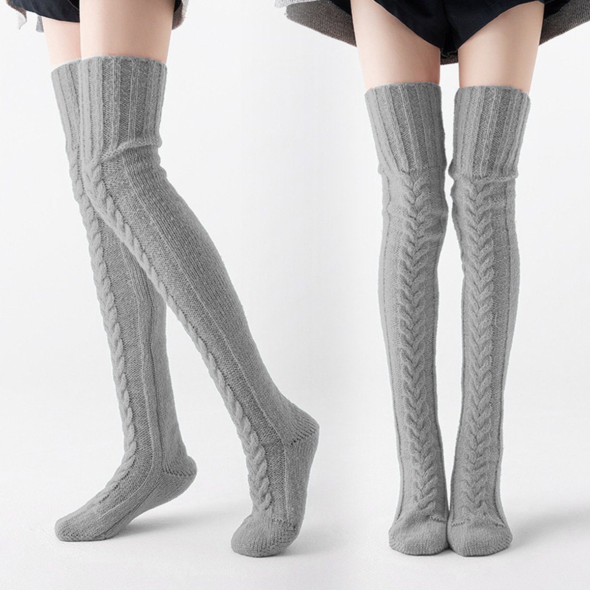 DOPWii Socken Strickstrümpfe Damen, dehnbare Winter-Overknee-Strümpfe, 105/85cm Hellgrau