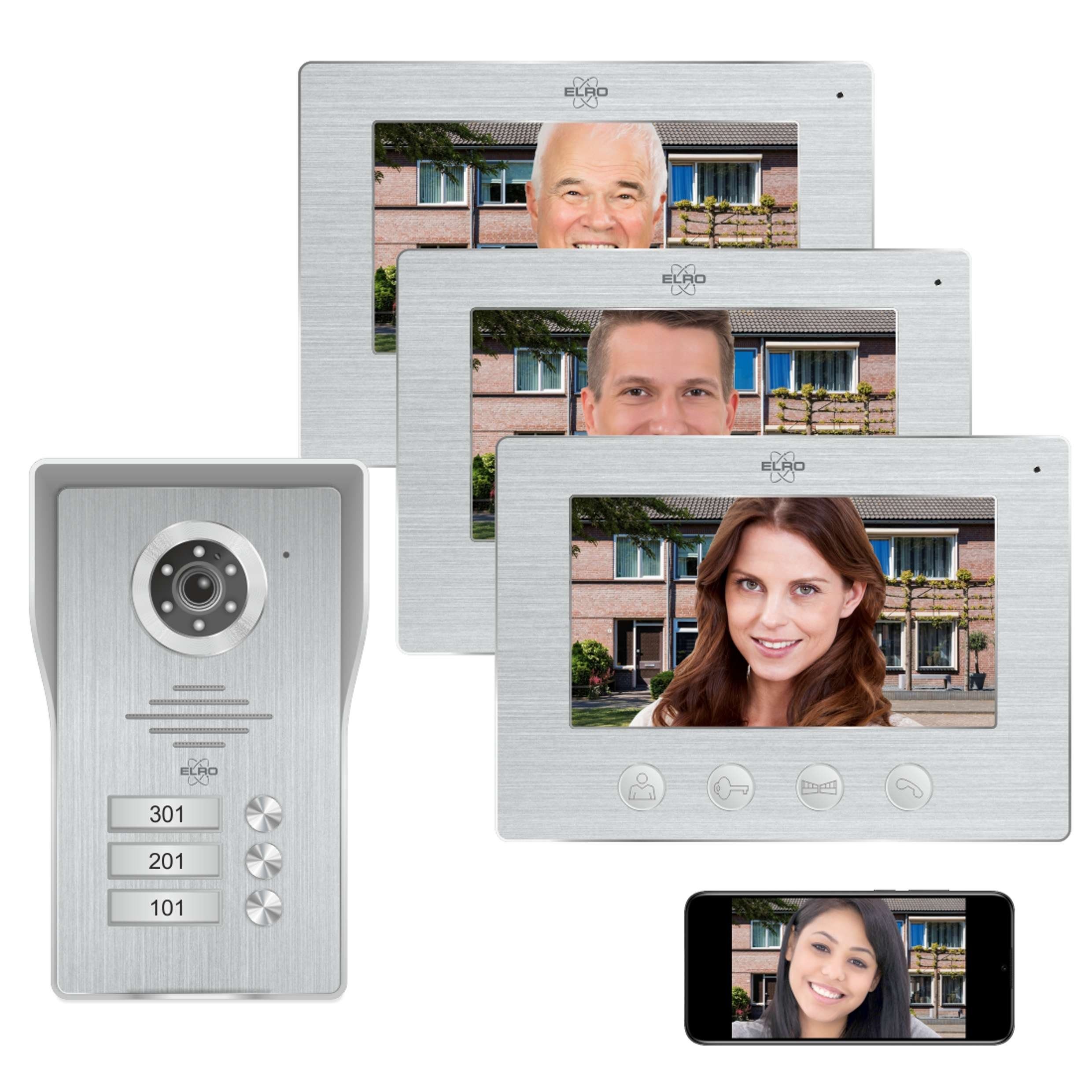 Elro Video-Türsprechanlage DV477IP3 (Innenbereich, Außenbereich, 4-tlg., Video Gegensprechanlage mit 3 Monitoren und App)