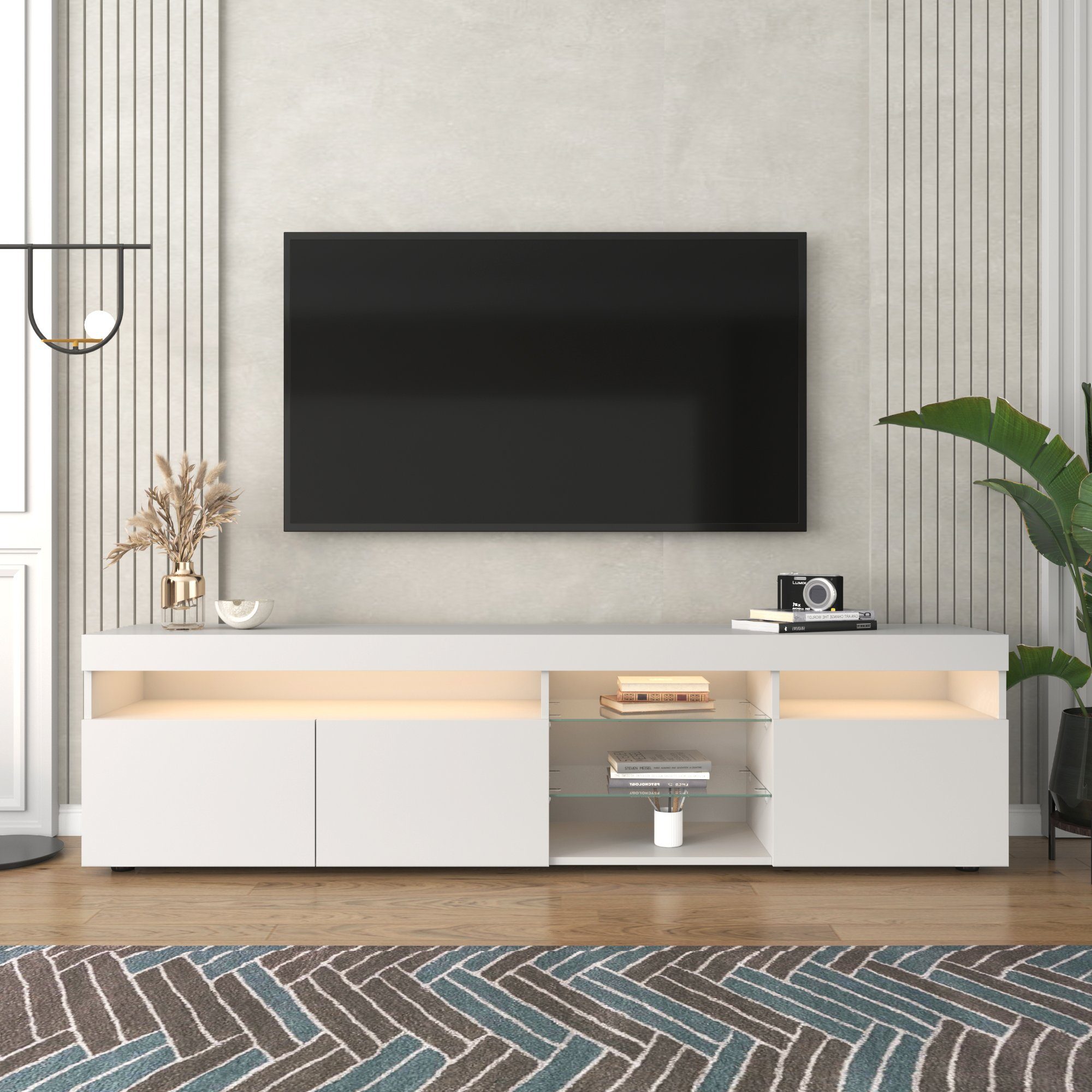 HAUSS SPLOE TV-Schrank TV-Lowboards TV Schrank Fernsehschrank TV-Tisch (mit LED-Beleuchtung (3 Schranktüren) Variable LED-Beleuchtung Weiß
