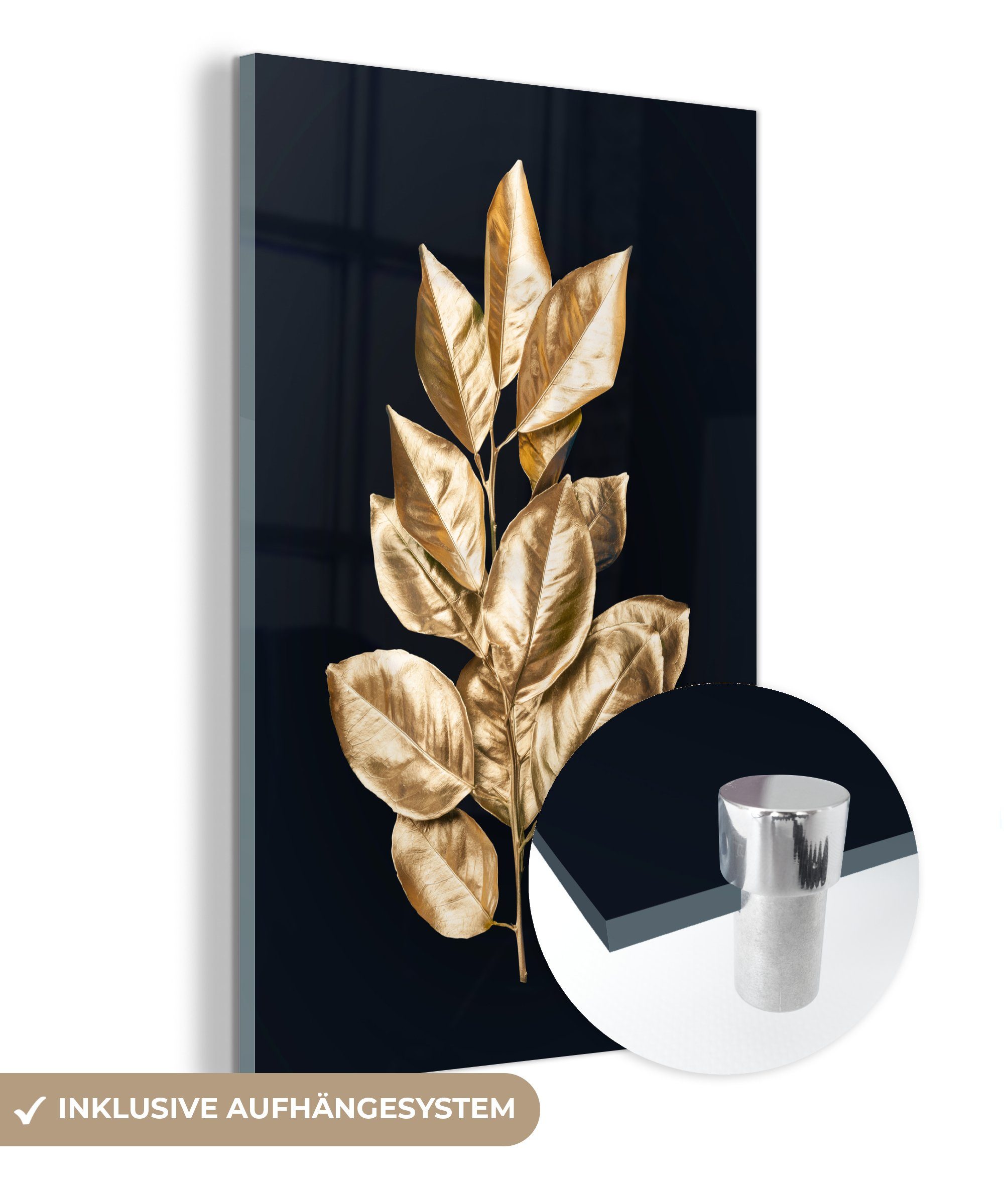 MuchoWow Acrylglasbild Blätter - Gold - Luxus, (1 St), Glasbilder - Bilder auf Glas Wandbild - Foto auf Glas - Wanddekoration bunt