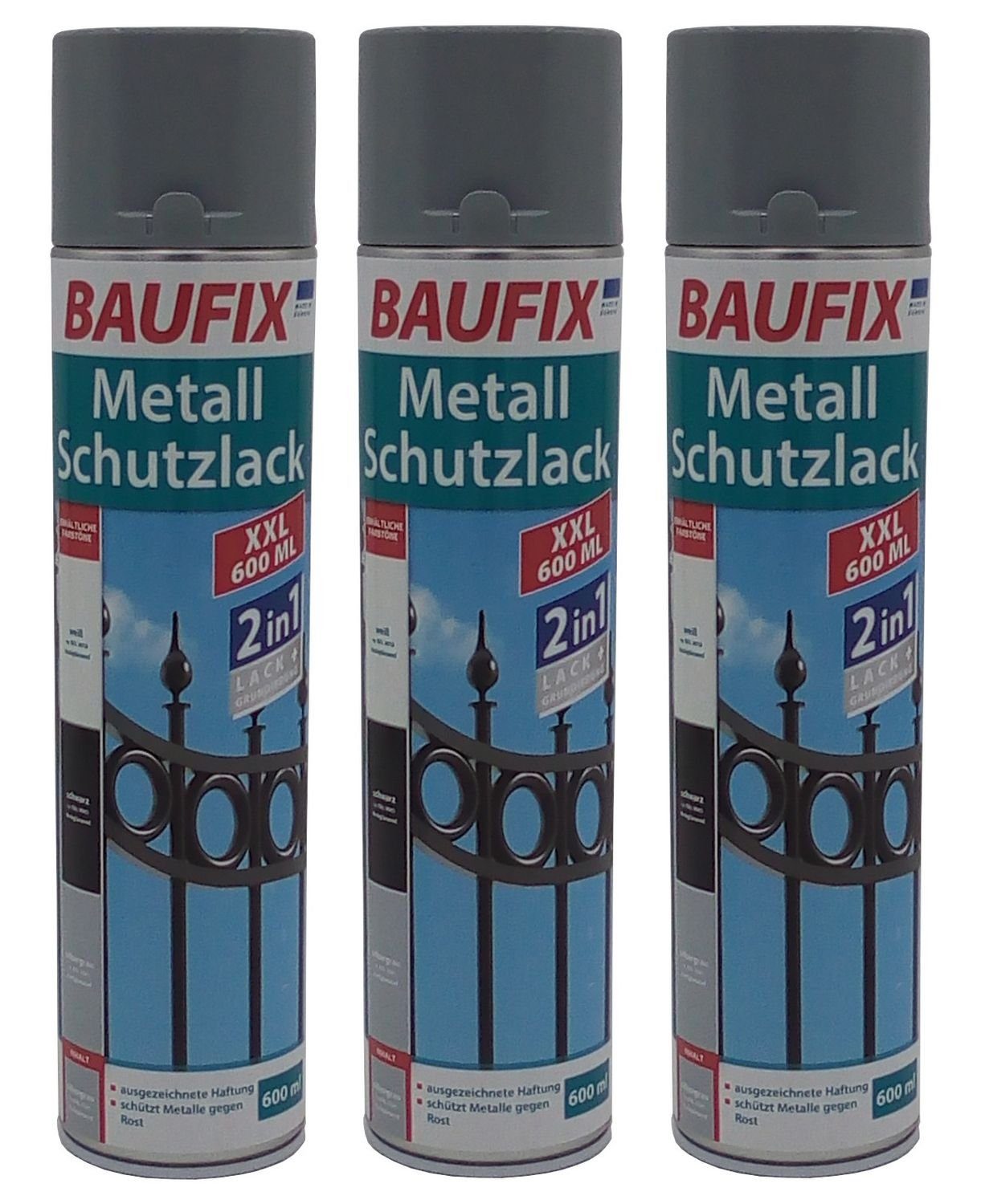 BURI Vollton- und Abtönfarbe 3x Baufix 2in1 Metall Schutzlack Spray 600 ml silbergrau glänzend Grun