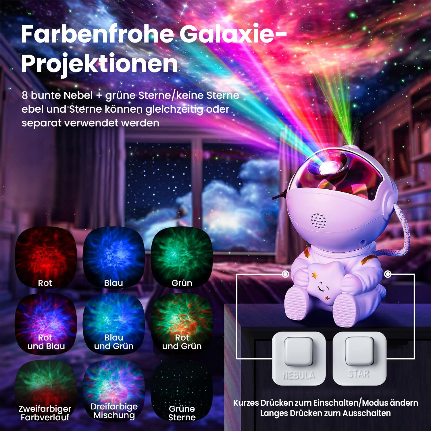 ANYSUN Nachtlicht LED Sternenhimmel Astronaut Galaxy Projektor, LED fest integriert, LED Sternenprojektor mit Nebel und Fernbedienung