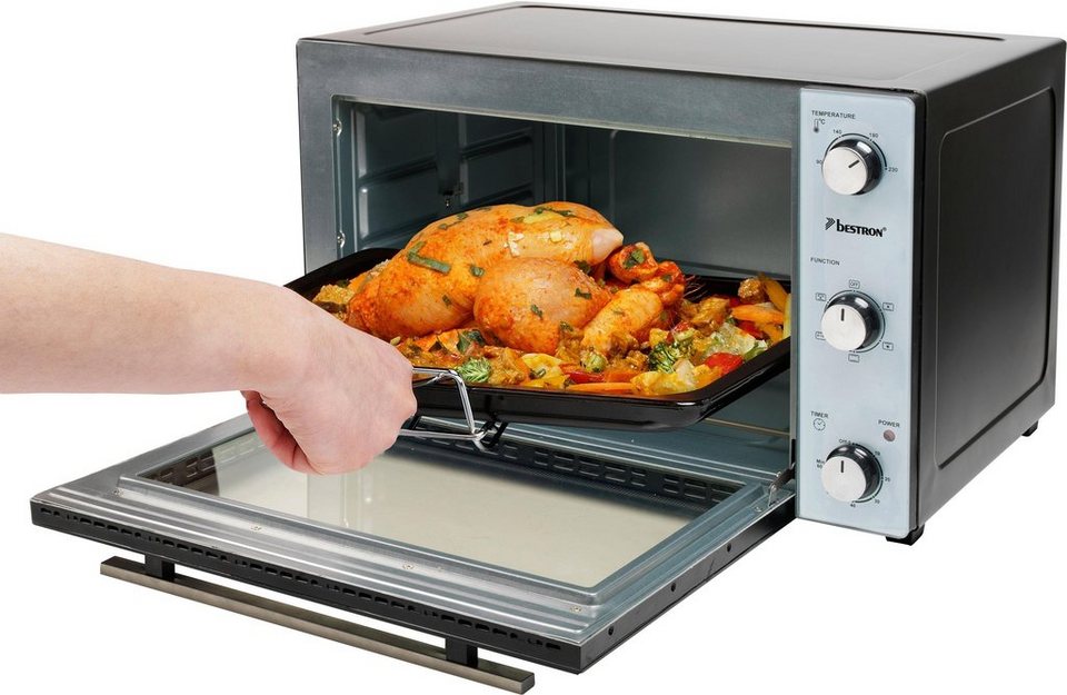 bestron Minibackofen AOV45, 2-in-1 Gerät, mit Drehspieß, 1800 W, Edelstahl,  Schwarz, Material: Edelstahl, Farbe: Schwarz, AOV45