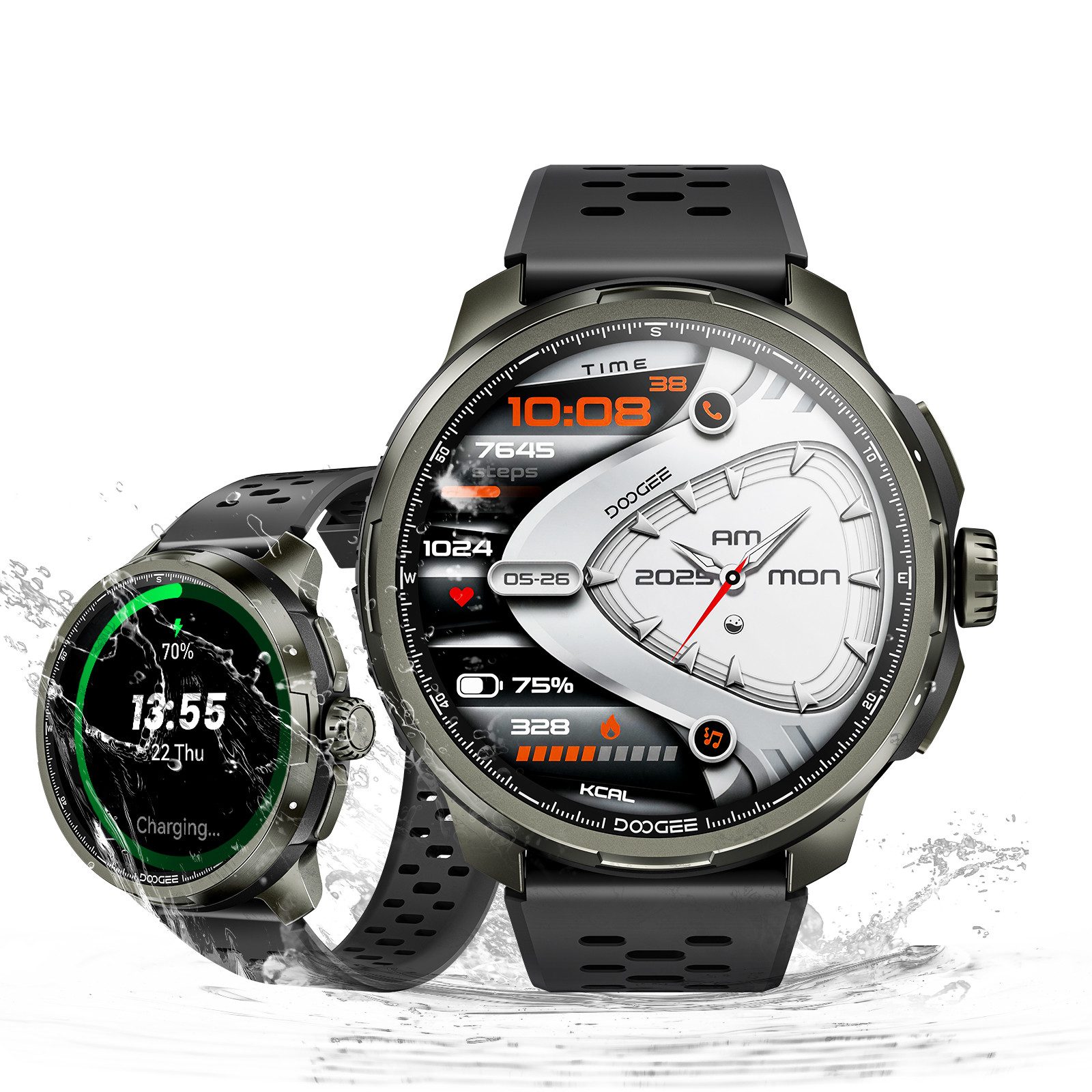 DOOGEE Smartwatch Herren GPS AMOLED Outdoor Fitnessuhr Telefonfunktion IP68 Watch, Bluetooth, GPS-Ortung, SOS, IP68, Aktivität, Videochat, GPS-Ortung, SOS, Videochat, Aktivität, IP68, Bluetooth