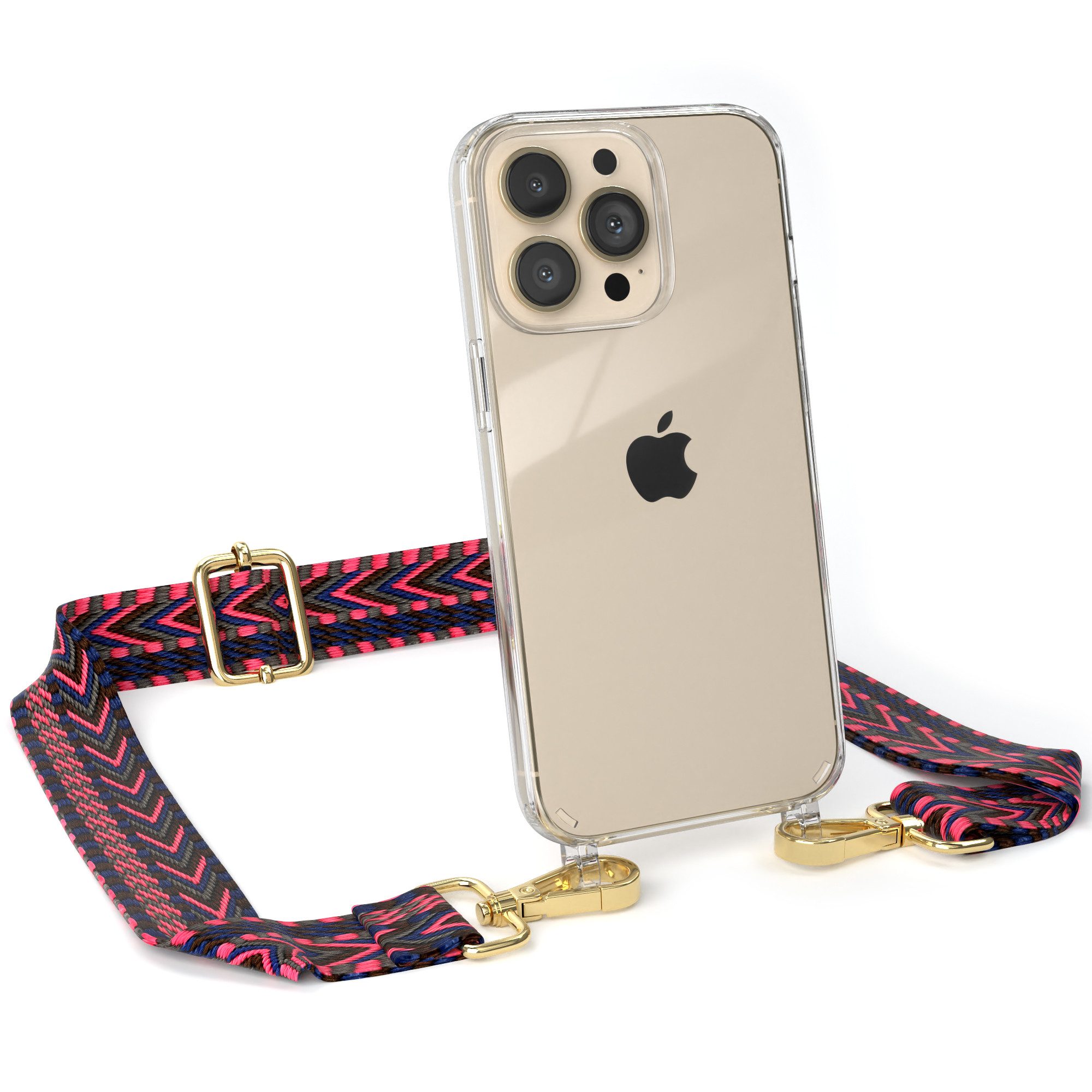 EAZY CASE Handykette Boho Umhängeband für Apple iPhone 13 Pro 6,1 Zoll, Verstellbarer Trageriemen mit Case transparent DIY Gürteltasche Pink
