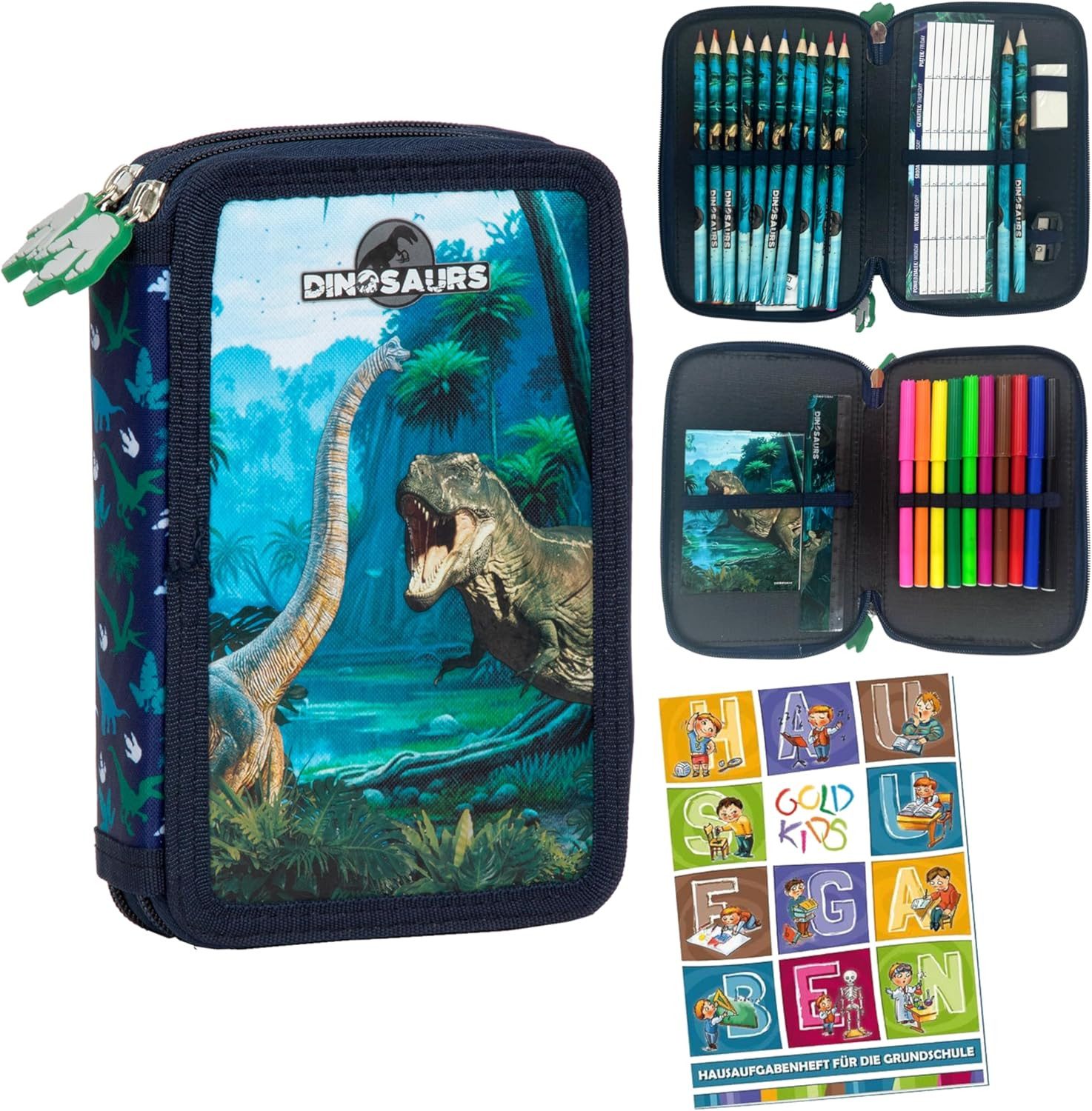 GOLDKIDS Federmäppchen 2 Fächer - Mäppchen für Mädchen und Jungen -, (Federmappe 2-Fach Federtasche Gefüllte, 1-tlg., Schüleretui 27-teilig), - Schulmäppchen und Hausaufgabenheft - Dinosaurier Motiv