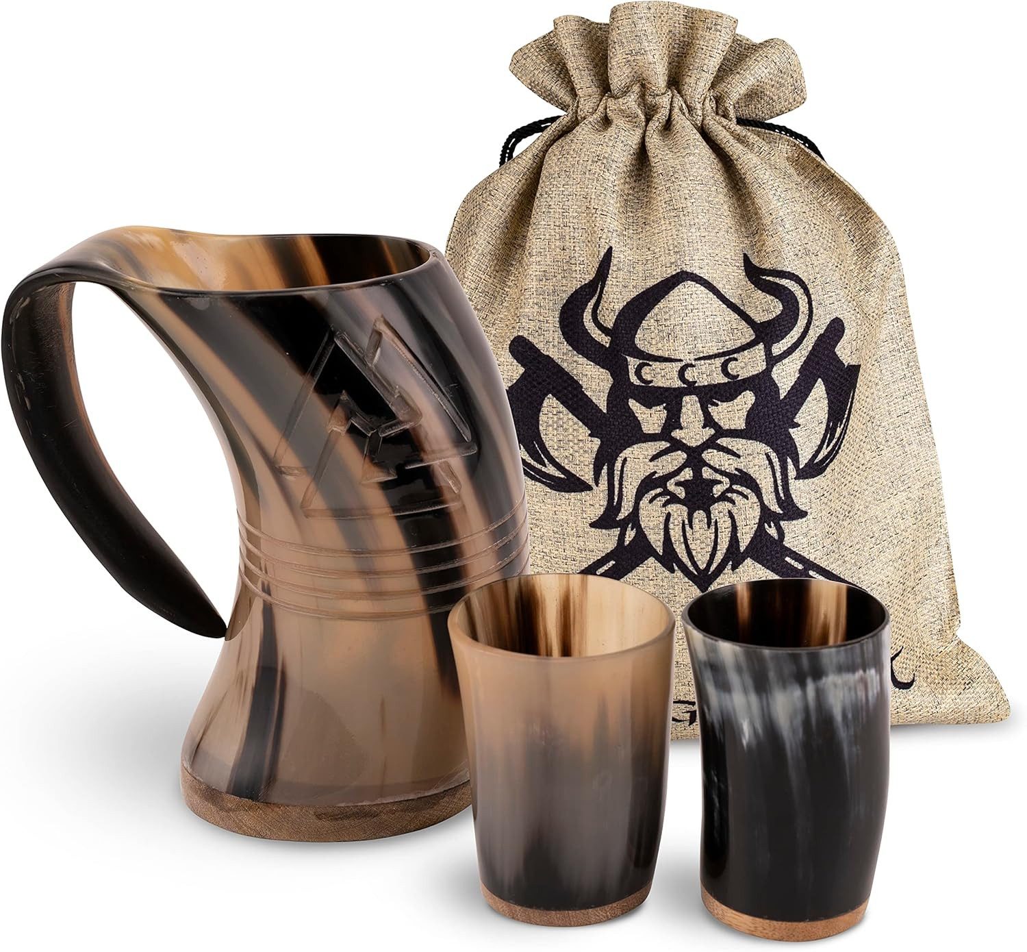 Bierkrug Trinkhorn Wikinger Krug 600ml - Großer Horn Krug und 2 Wikinger Becher