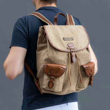 DRAKENSBERG Wanderrucksack »Henrietta« Khaki-Beige, unisex Cityrucksack aus Canvas und Leder im eleganten Vintage-Design