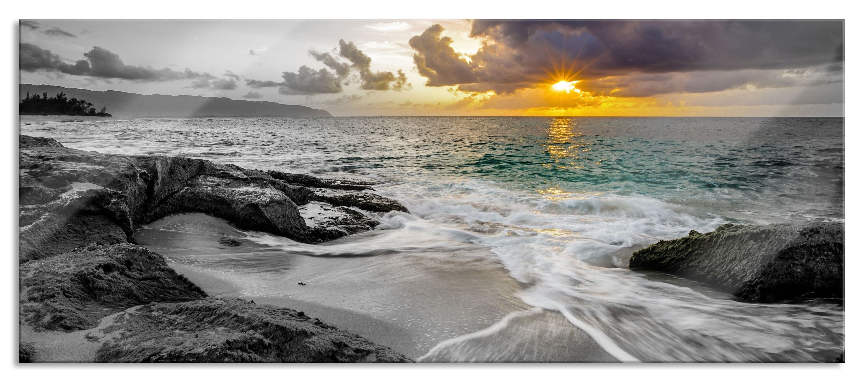 Pixxprint Glasbild Sonnuntergang auf Hawaii, Sonnuntergang auf Hawaii (1 St), Glasbild aus Echtglas, inkl. Aufhängungen und Abstandshalter