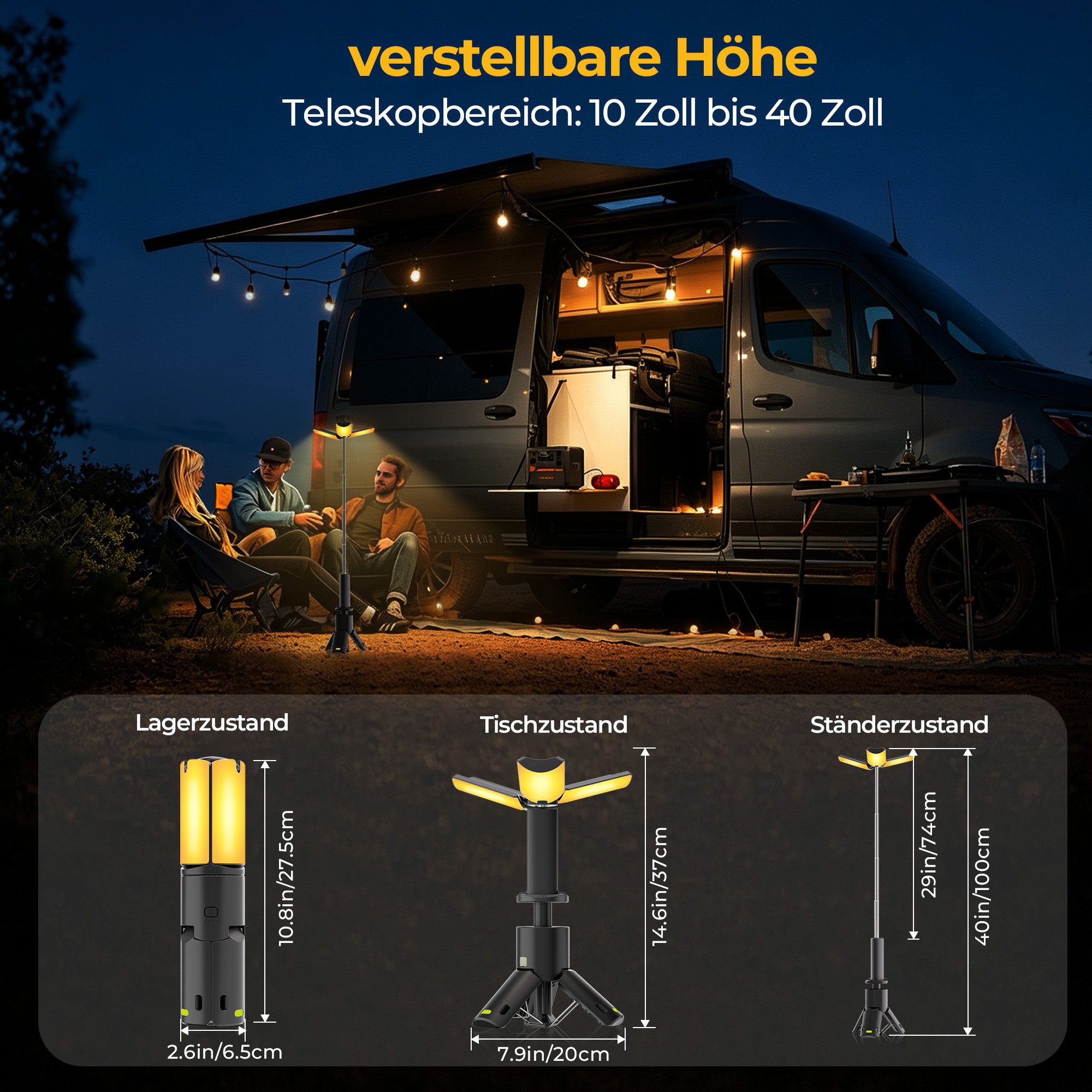 Rhein Beleuchtung LED Gartenleuchte LED Teleskop Campinglampe 10000mAh wiederaufladbar mit Powerbank, Ausziehbares Teleskop, LED fest integriert, Neutralweiß, Kaltweiß, Warmweiß, Dimmbar, magnetisch, 2400 lm, 270° verstellbar, ausziehbar