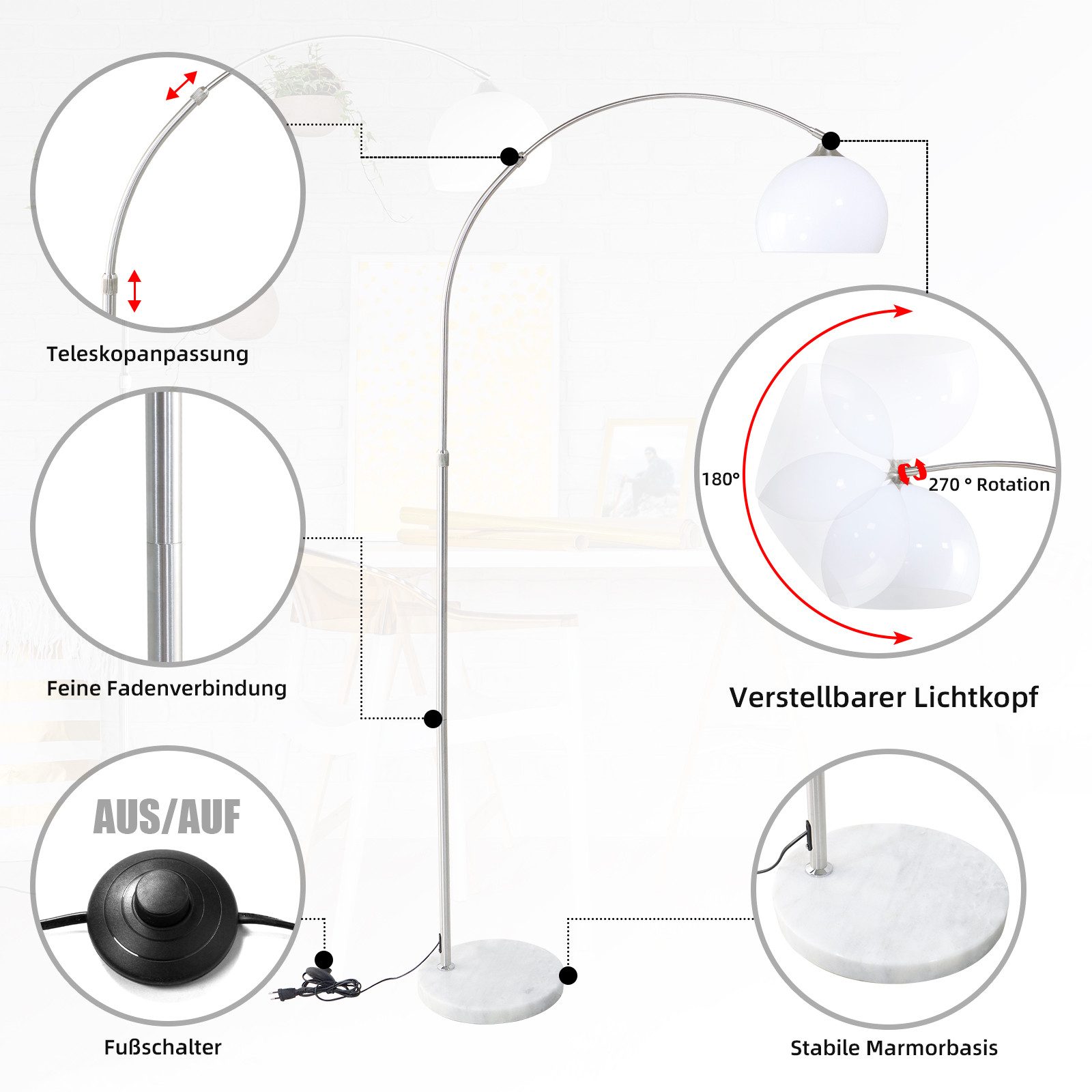 CCLIFE Bogenlampen Bogenlampe Stehlampe LED E27 Bogenleuchte Wohnzimmer