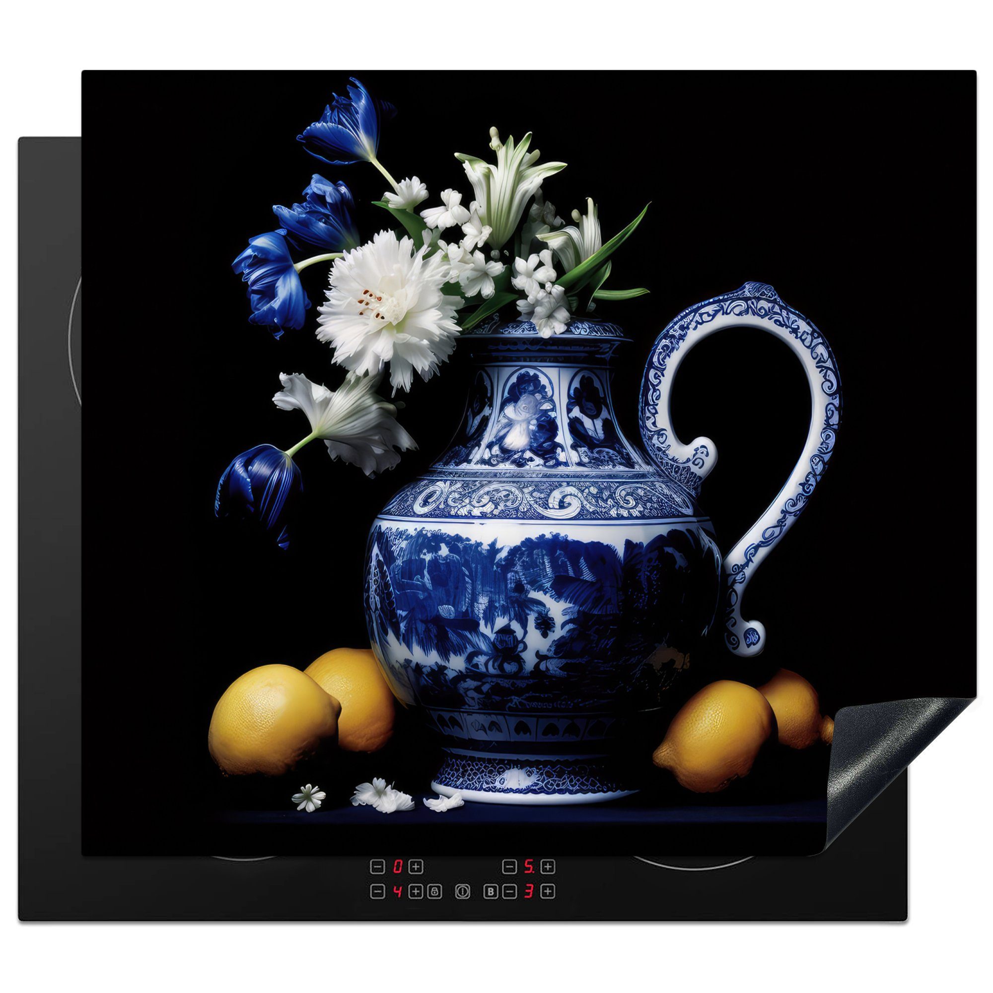 MuchoWow Herdblende-/Abdeckplatte Stilleben - Krug - Delfter Blau - Obst - Blumen, Vinyl, (1 tlg), 60x52 cm, Mobile Arbeitsfläche nutzbar, Ceranfeldabdeckung