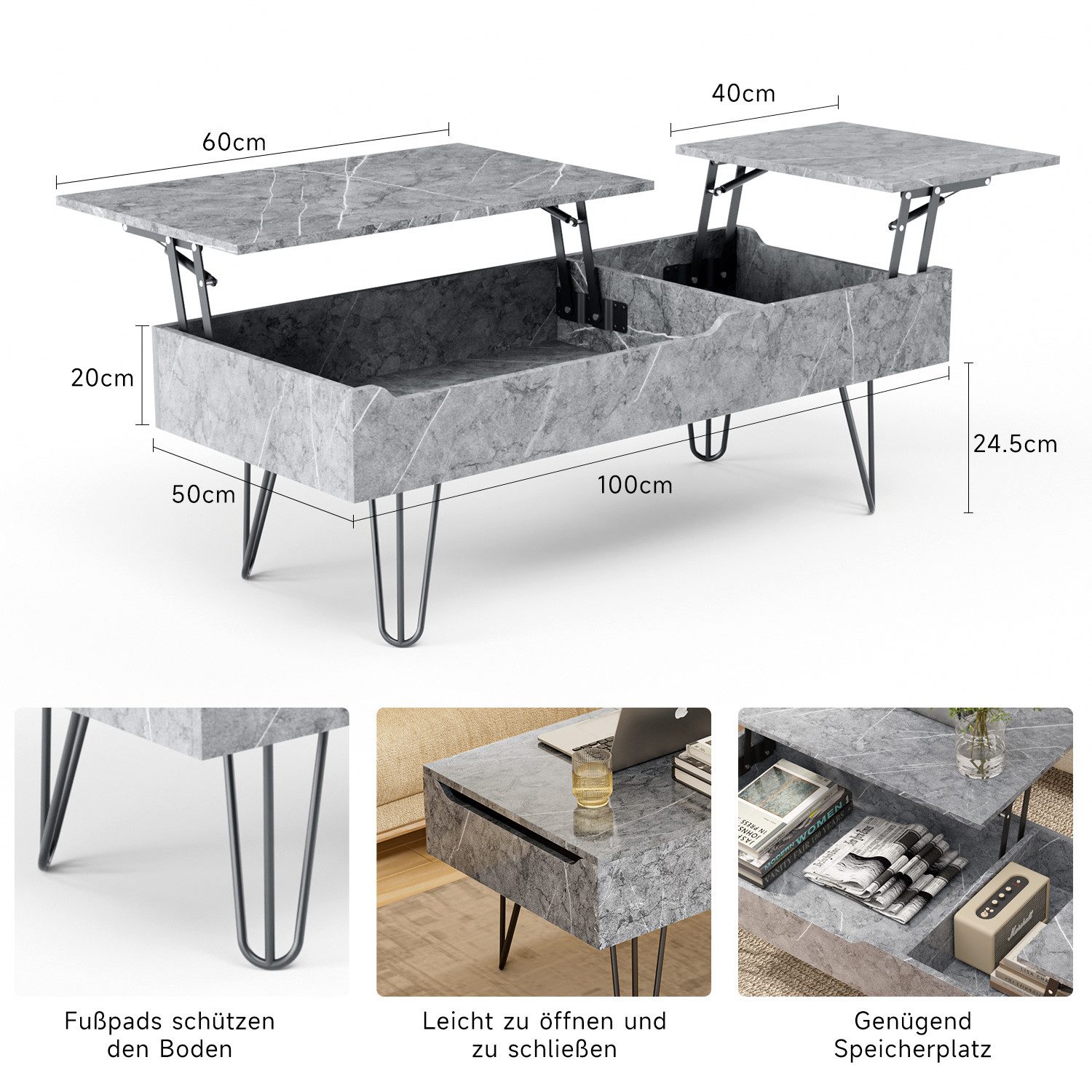 Gunuss Couchtisch höhenverstellbarer Wohnzimmertisch 100 *50*45cm Ablagefach Sofatisch (Kaffeetisch Ausziehbare Tischplatte,  Auszug), Beistelltisch mit Doppelte Hubplatte