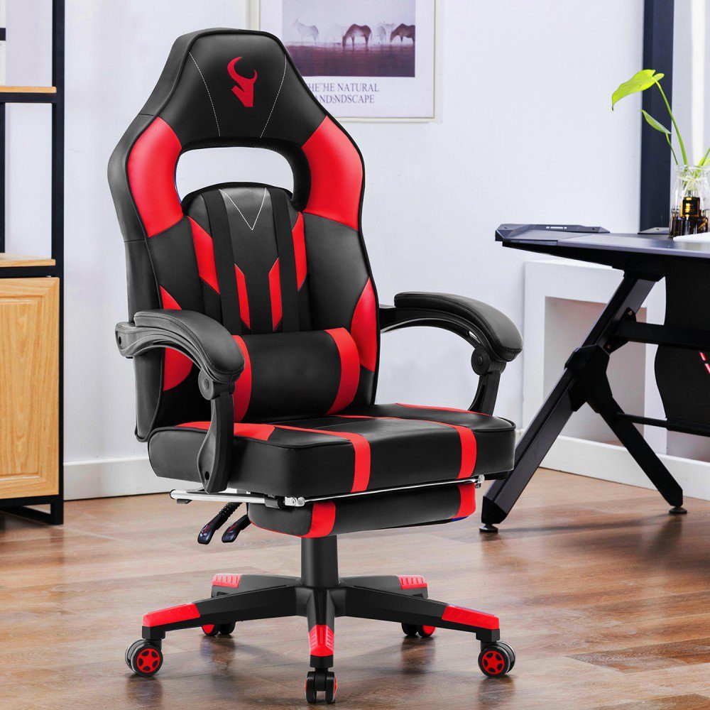 Schreibtischstuhl (Stück), Ergonomisch, Chefsessel Sportsitz Mucola Chair Lendenkissen Rot Fußstütze, Stützkissen, Gamingstuhl Gaming Bürostuhl Fußstütze Geräuscharm,