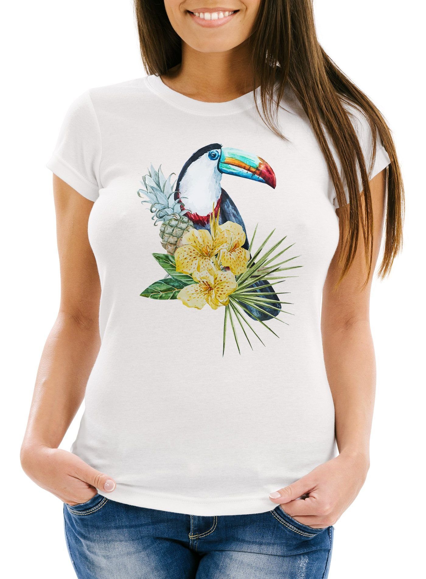 Neverless Print-Shirt Damen T-Shirt Tucan Ananas Tropical Summer Jungle Paradise Pineapple Slim Fit Neverless® mit Print