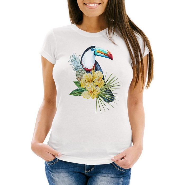 Neverless Print-Shirt Damen T-Shirt Tucan Ananas Tropical Summer Jungle Paradise Pineapple Slim Fit Neverless® mit Print