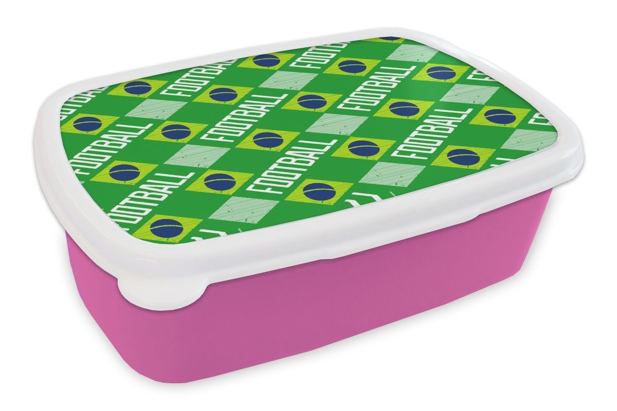 MuchoWow Lunchbox Brasilien - Fußball - Muster, Kunststoff, (2-tlg), Brotbox für Erwachsene, Brotdose Kinder, Snackbox, Mädchen, Kunststoff rosa