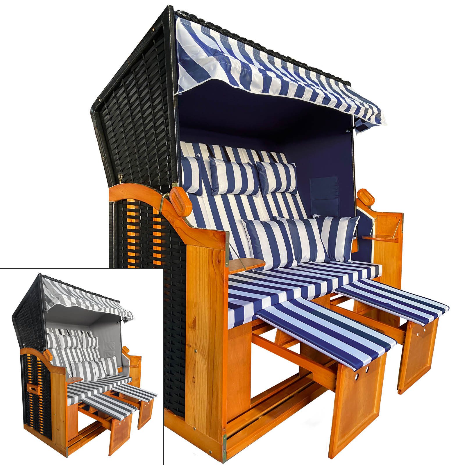 BRAST Strandkorb 3-Sitzer XL für 2-3 Personen, 155cm breit, 2 Designs, BxTxH: 155x78x160 cm, Volllieger, Ostsee, (verstellbare Rückenlehne), Tragkraft bis zu 500kg