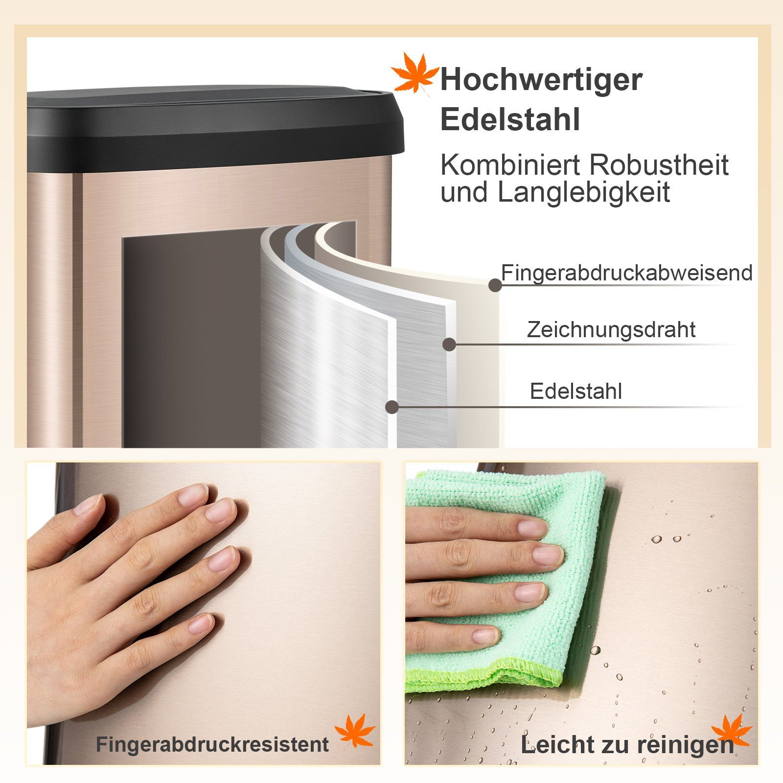 COSTWAY Mülleimer Treteimer, 50L sanft Roségold mit Deckel schließendem