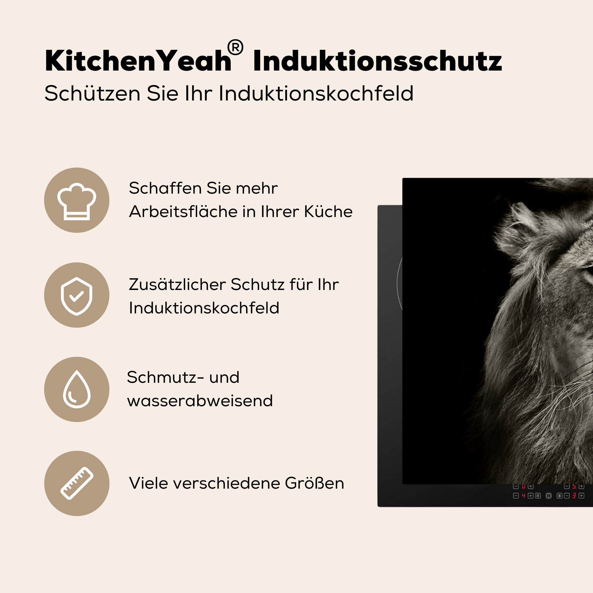 MuchoWow Herdblende-/Abdeckplatte Löwe - Schwarz cm, Ceranfeldabdeckung, (1 küche - tlg), weiß, Porträt für und - Vinyl, Arbeitsplatte - 81x52 Tiere Wildtiere
