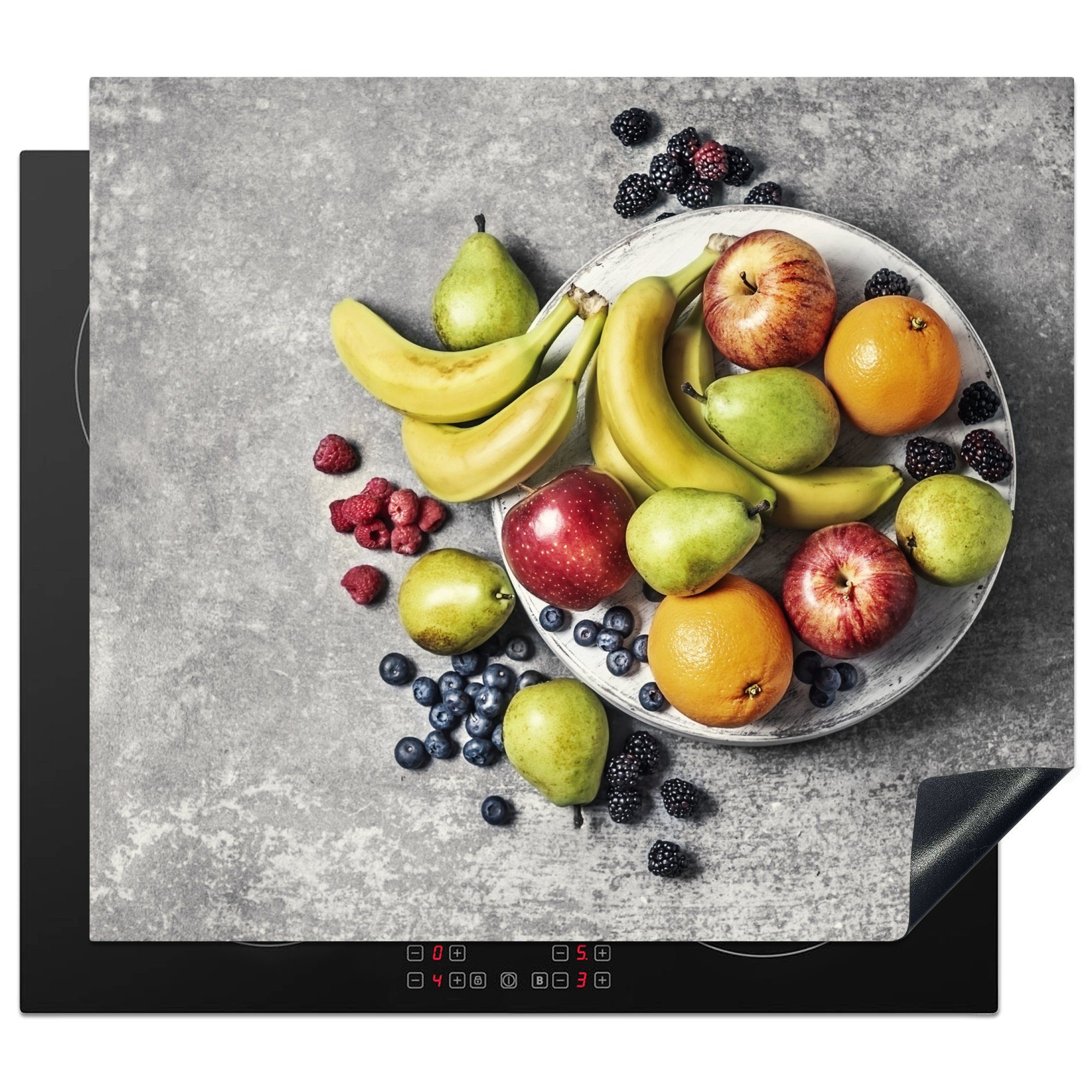 MuchoWow Herd-Abdeckplatte Bananen - Obst - Grau, Vinyl, (1 tlg), Ceranfeldabdeckung Küche, Herdabdeckplatte Einteilig, 60x52 cm