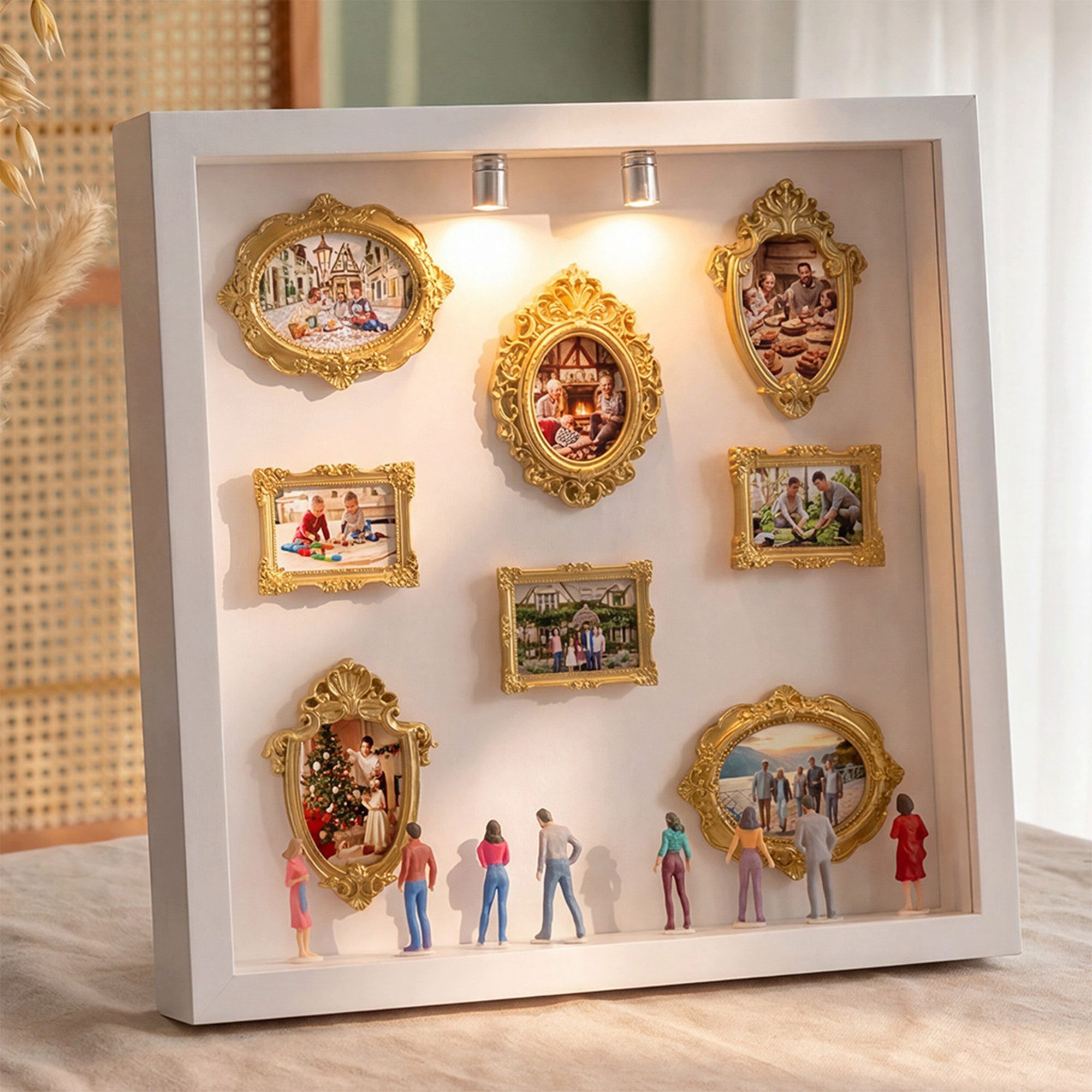 ibettertec Bilderrahmen zum Basteln DIY Set Mini Museum 3D Bilderrahmen Mini-Bilderrahmen, für 8 Bilder (goldenen Mini-Bilderrahmen und Figuren für Jahrestag), für Jahrestag, Valentinstag, Geburtstag