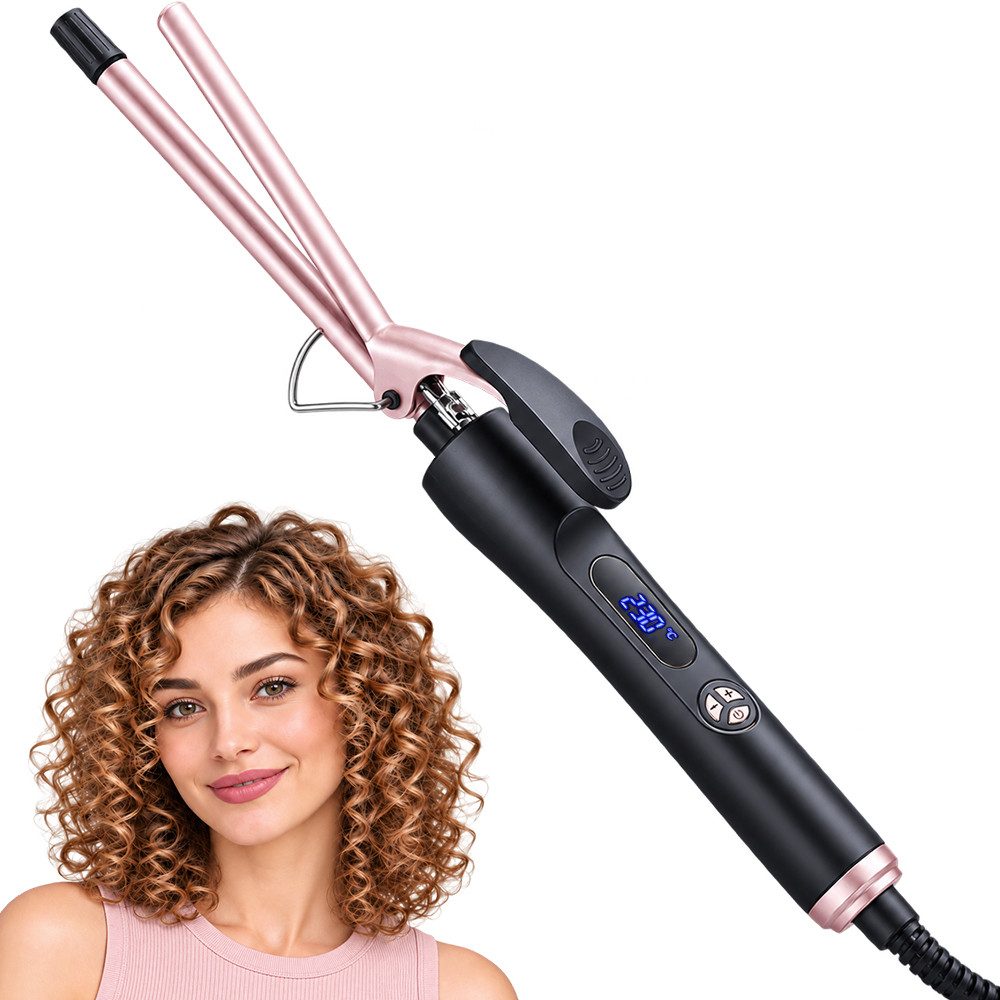 Futicare Lockenstab 9 mm mit Klammer für kleine Locken und Spiral-Locken, schlanker Keramik-Lockenstab für kurzes bis langes Haar, 100–230 °C, 6 Heizstufen, LED-Display