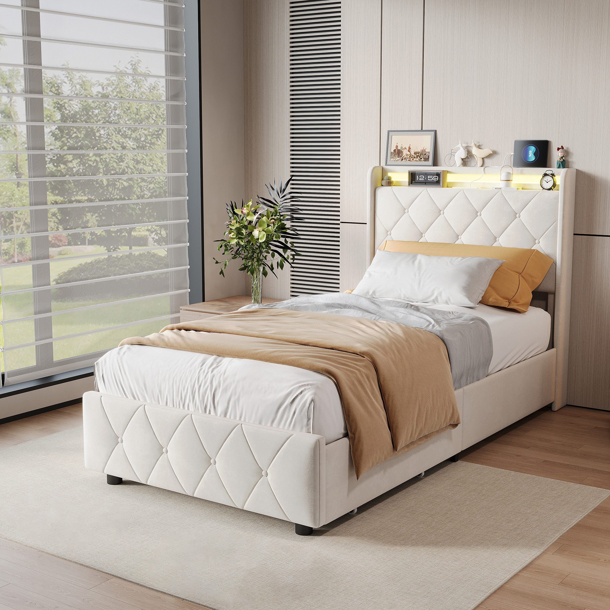 FUROKOY Stauraumbett Polsterbett mit Lattenrost, Jugendbett 90x200cm,Kinderbett mit 2 Schubladen,Beige