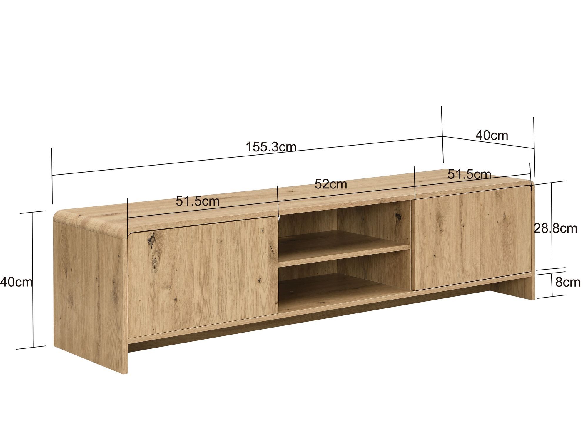 FINEBUY Lowboard FB117891 TV Board Fernsehschrank TV Kommode in Eiche Dekor 155cm (Praktisches Phonomöbel mit Kabeldurchlass), Viel Stauraum dank zwei nützlicher Türfächer