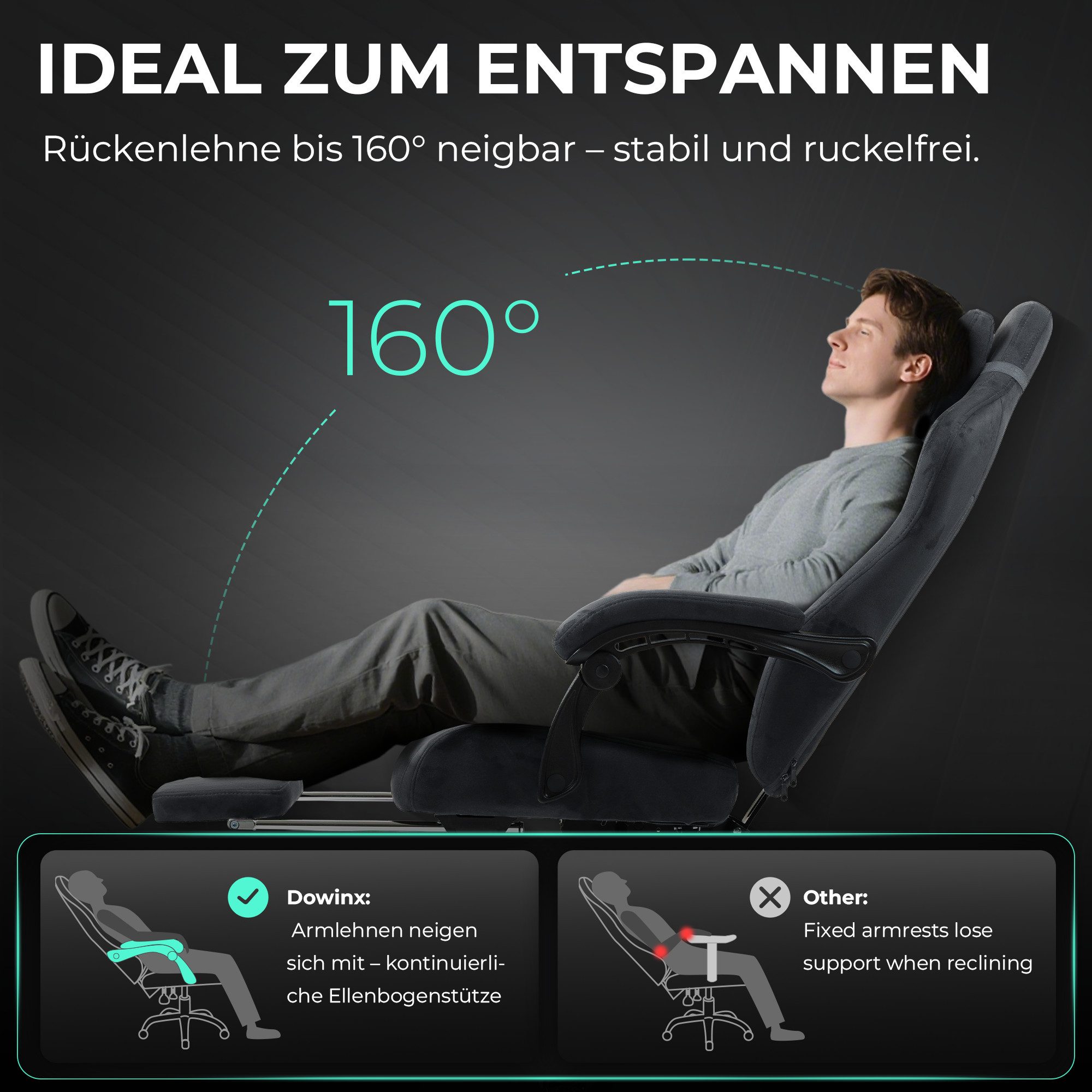 Dowinx Gaming-Stuhl Atmungsaktiver und Ergonomischer Bürostuhl aus Mikrofaser-Velours (Packung), Weiches Sitzgefühl, Verstellbarer Schreibtischstuhl mit Fußstütze