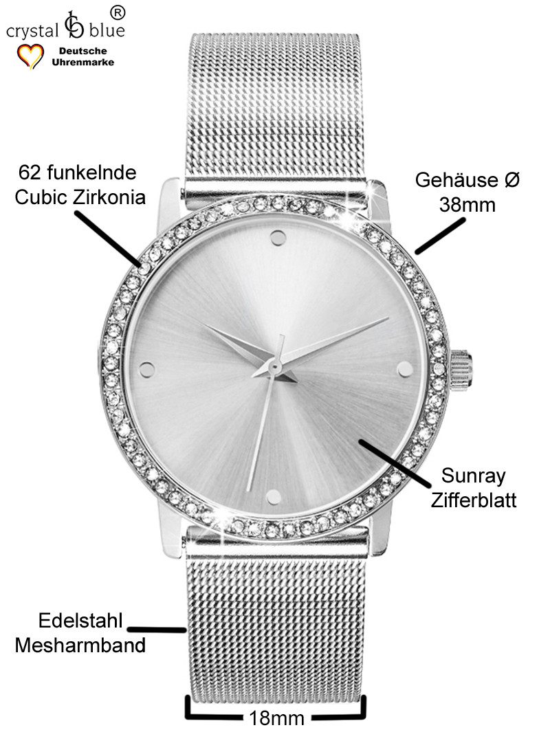crystal blue Quarzuhr Damenuhr Mesh & Tennisarmband silber mit cubic Zirkon günstig online kaufen