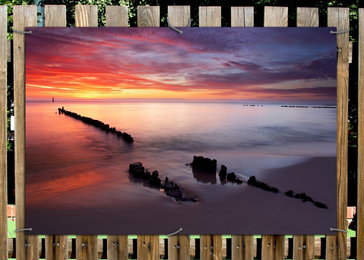 Thumbnail - Wallario Sichtschutzzaunmatten Sandstrand im Sonnenuntergang - Roter Himmel