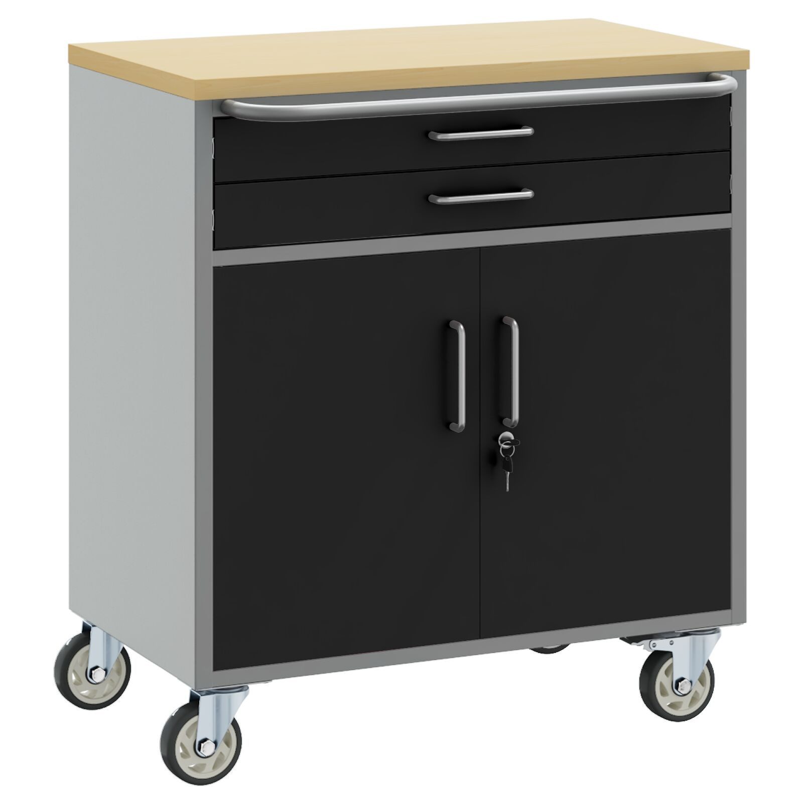 Werkbank Werkzeugschrank mit Rädern und verriegelbaren Türen Schwarz 75x45x85 c